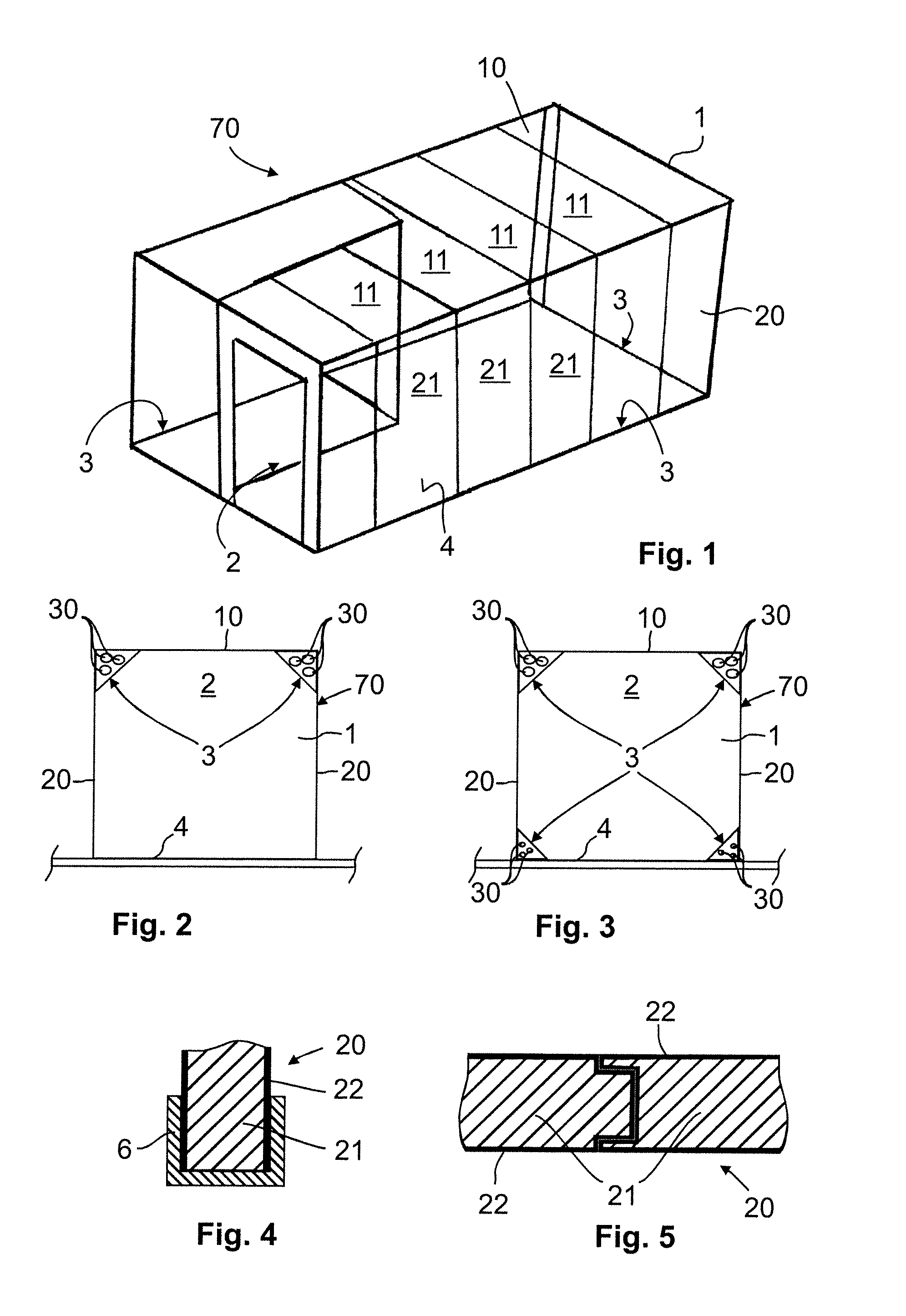 Cabin for a floating installation with lines which contribute to reinforcement