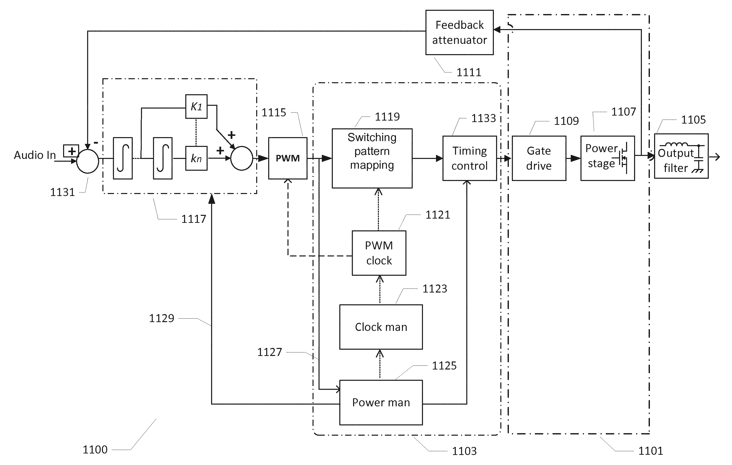 Class D audio amplifier with adjustable loop filter characteristics