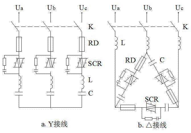 Triggering and conducting method used for switching of capacitor of thyristor AC non-contact switch