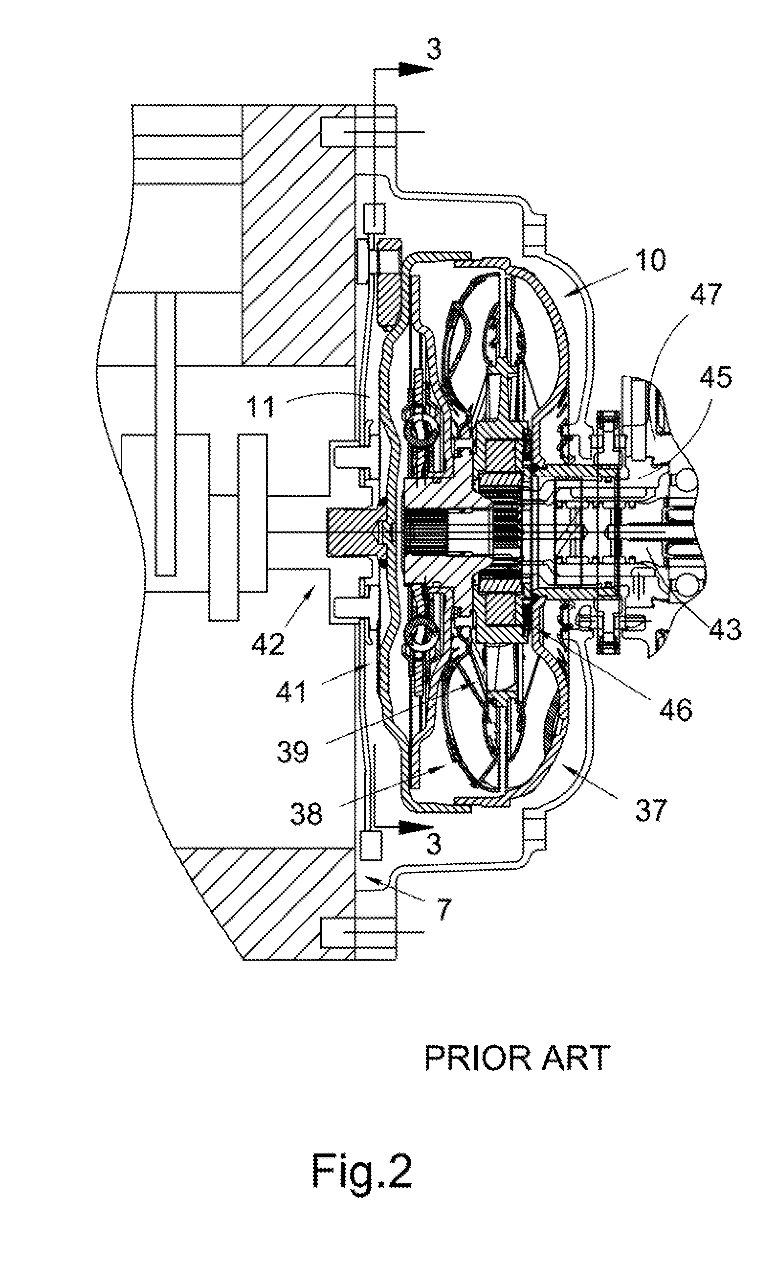 Torque converter with cooling fluid flow arrangement and arrangement for torque transfer to a damper