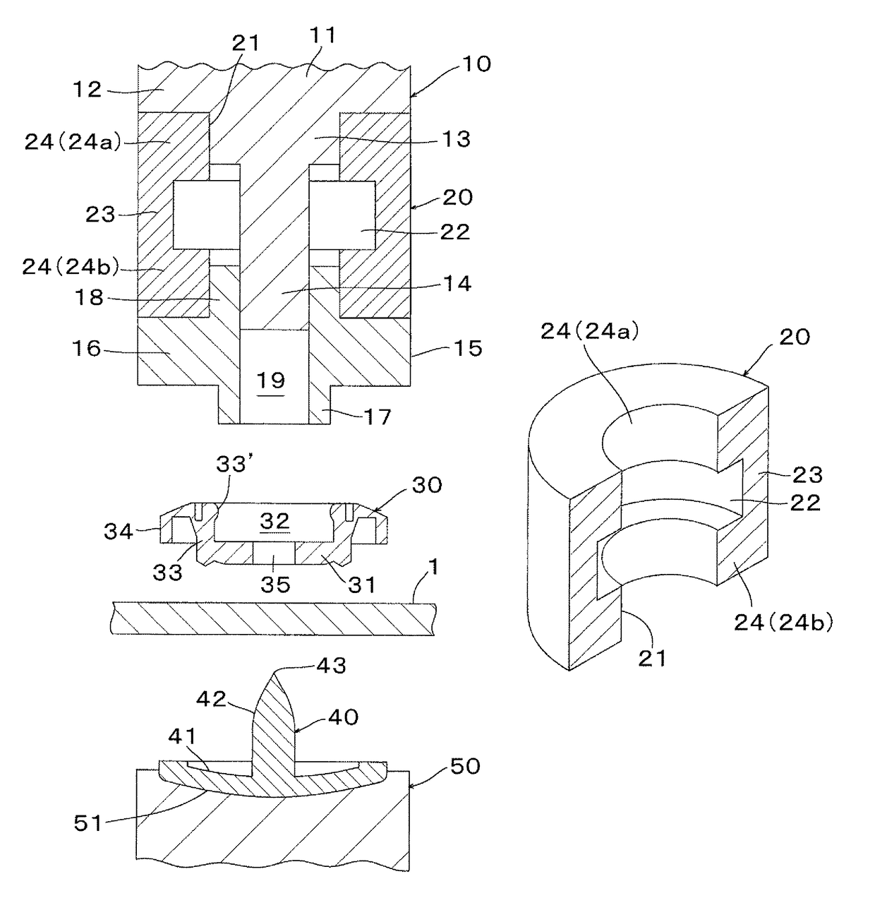 Upper die for fastening button