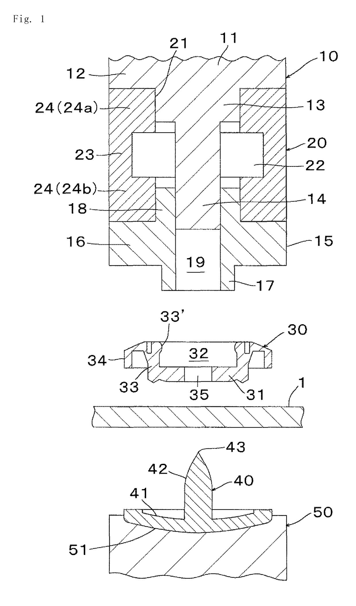 Upper die for fastening button