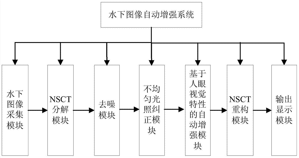 System and method for automatically enhancing underwater images in NSCT (non-subsampled contourlet transform) regions on basis of human visual characteristics