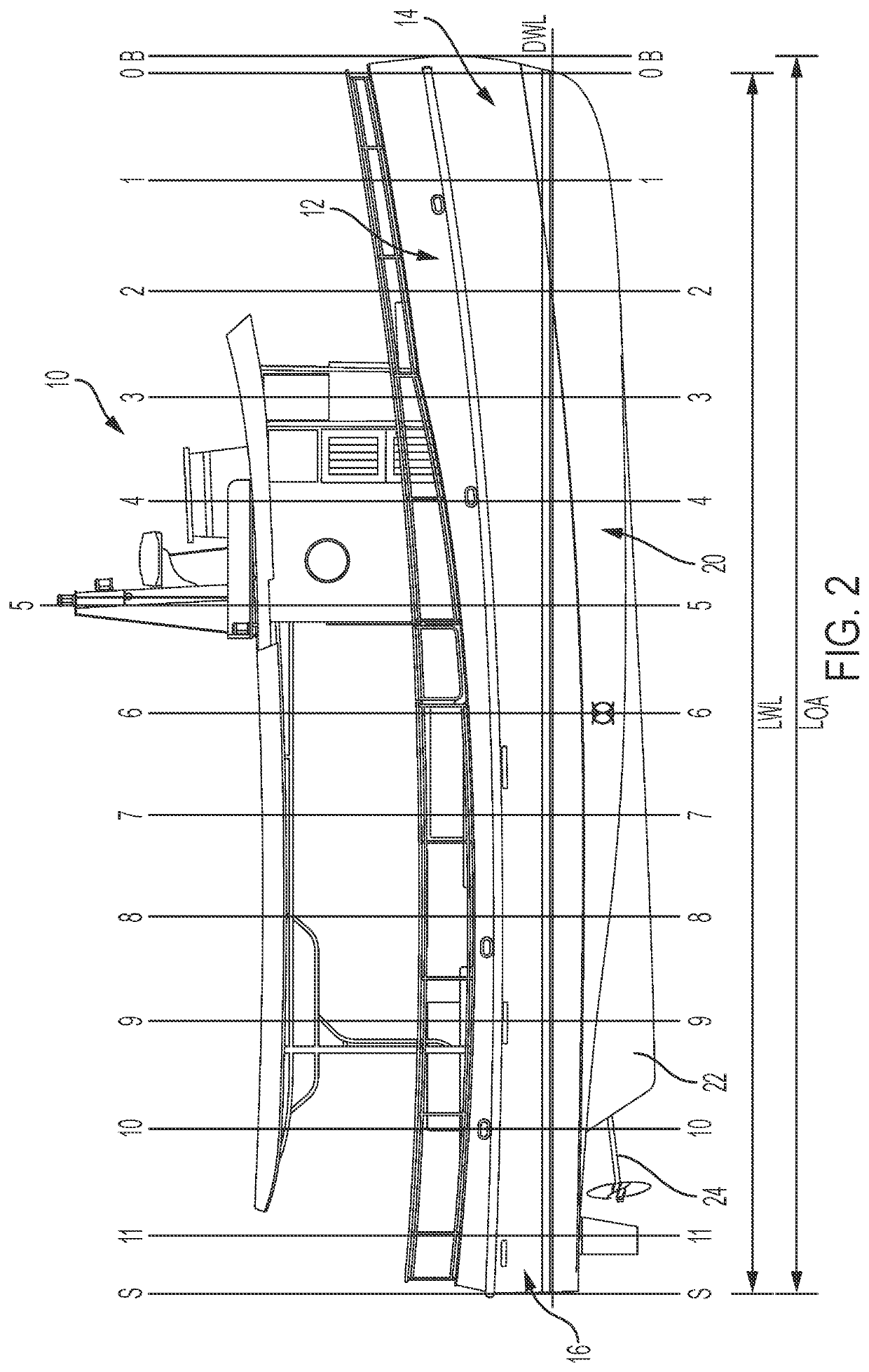 Vessel hull for forming waveforms for attraction of aquatic animals