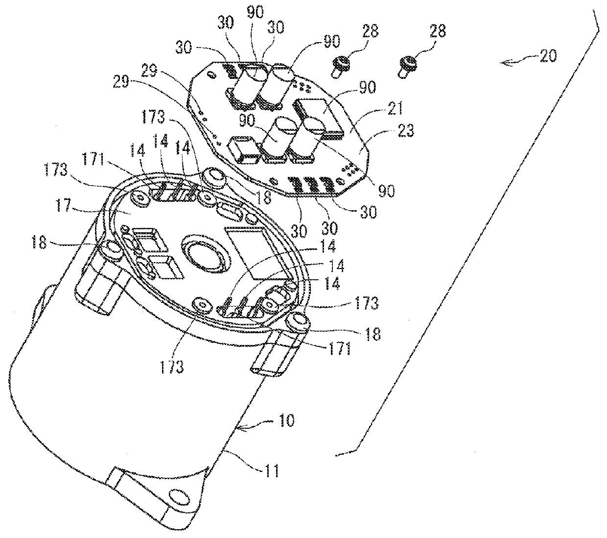 Drive unit including terminals in resiliant contact with each other