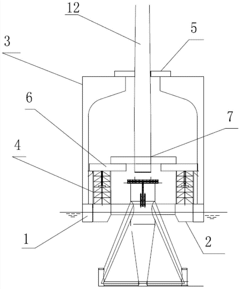 Overall offshore wind generating set conveying and mounting all-in-one ship with primary floating body and secondary floating body and overall conveying and mounting method