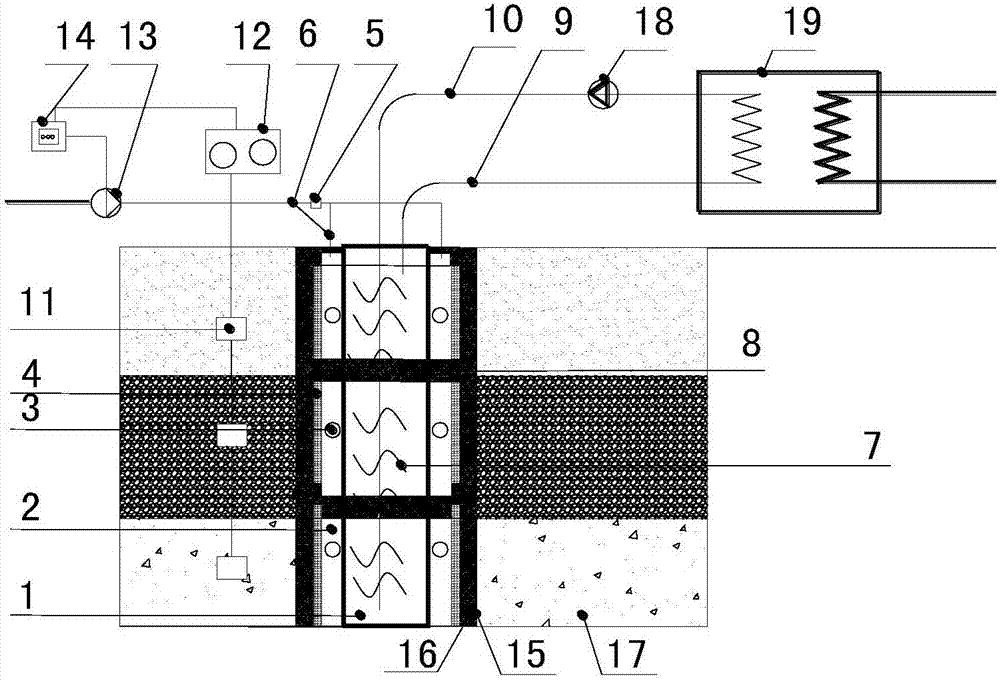 High-efficient underground heat exchanging device of closed type single well circulating ground source heat pump