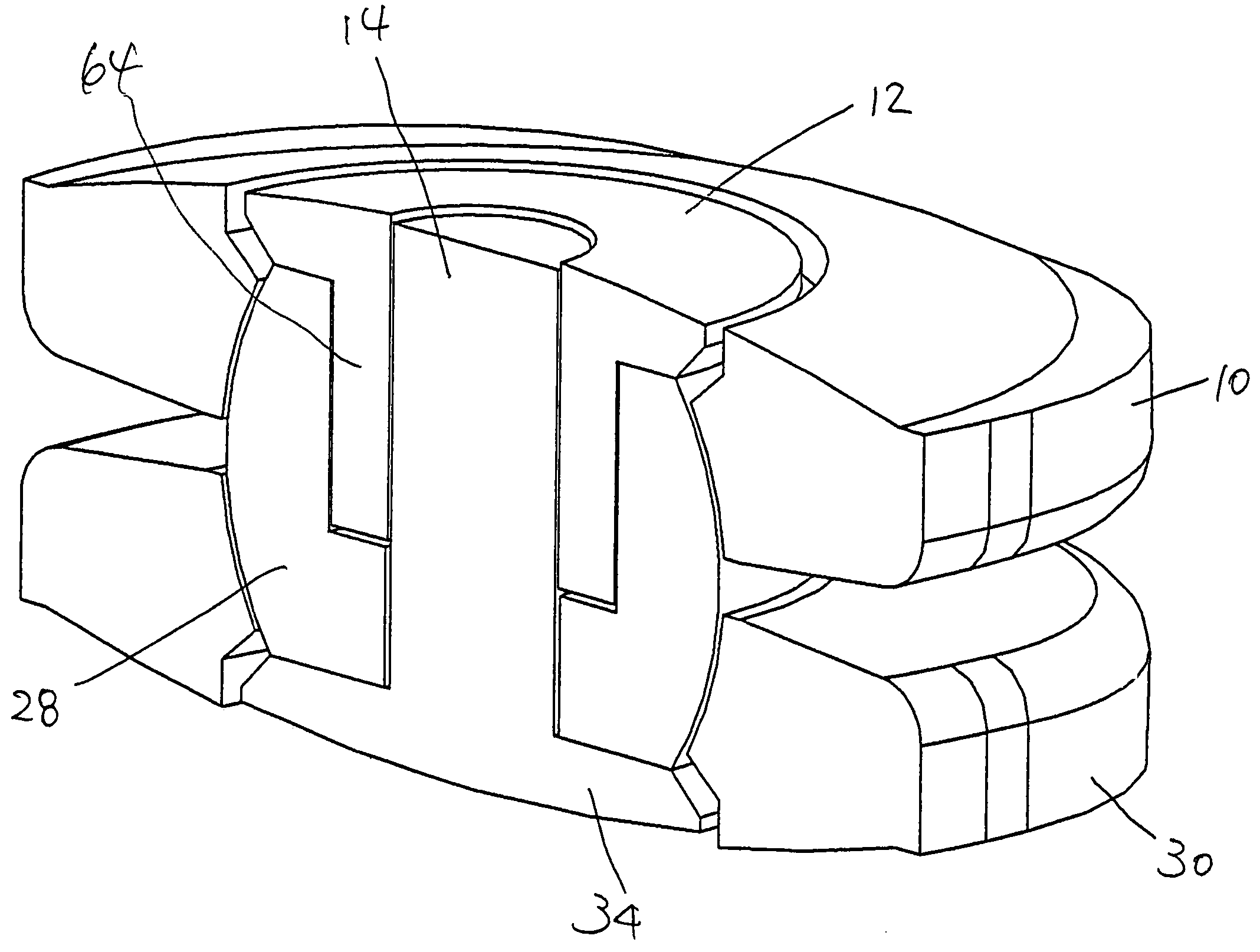 Artificial intervertebral disc having a bored semispherical bearing with a compression locking post and retaining caps