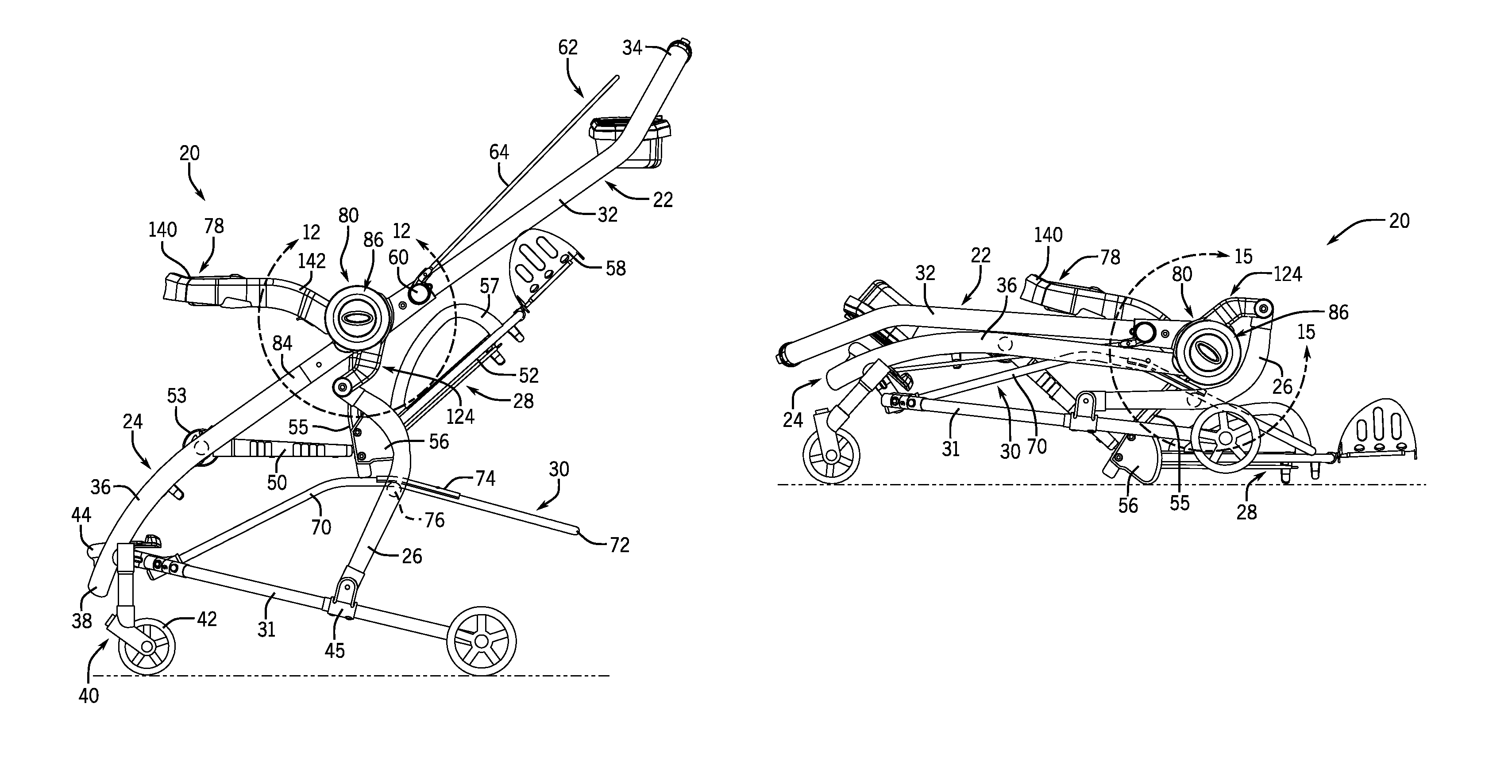 Foldable stroller and automatic folding tray for same