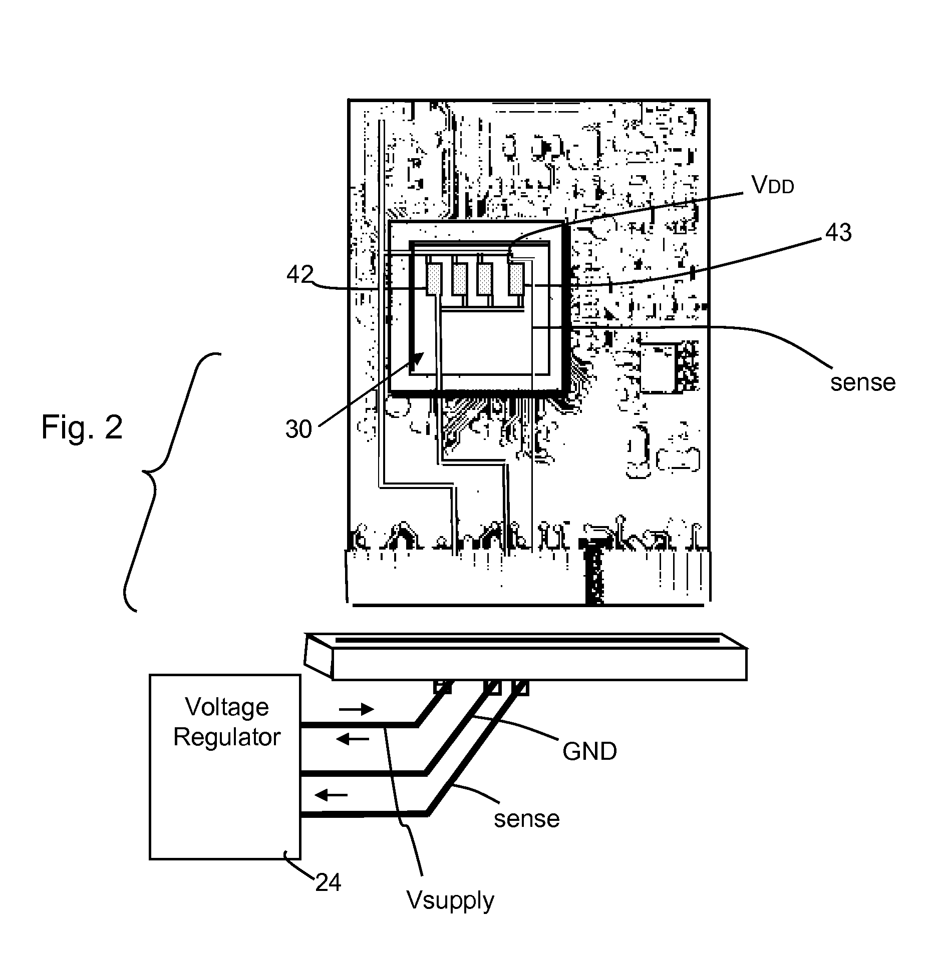 Power supply regulation using kelvin tap for voltage sense feedback from point within integrated circuit load