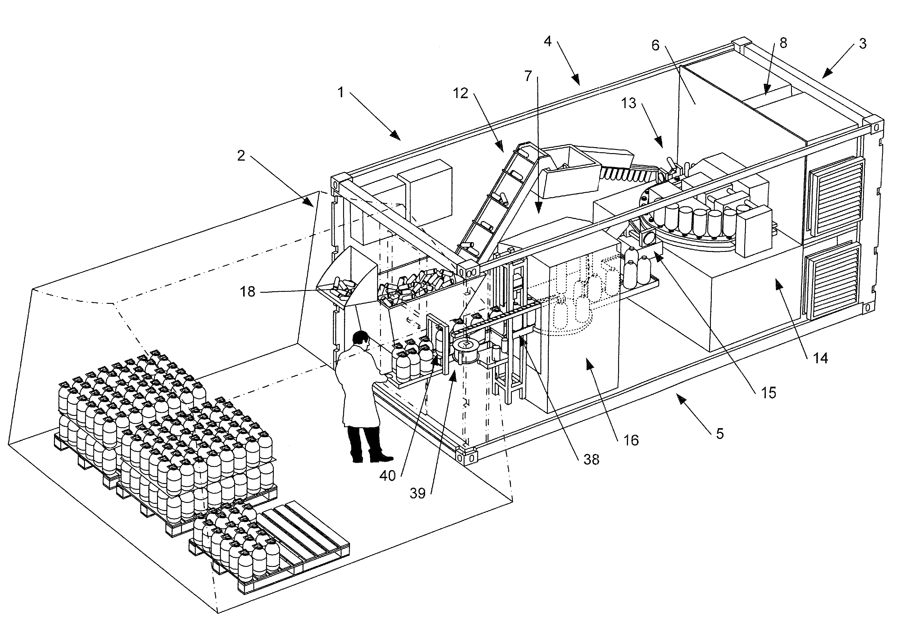 Transportable bottling plant in a container