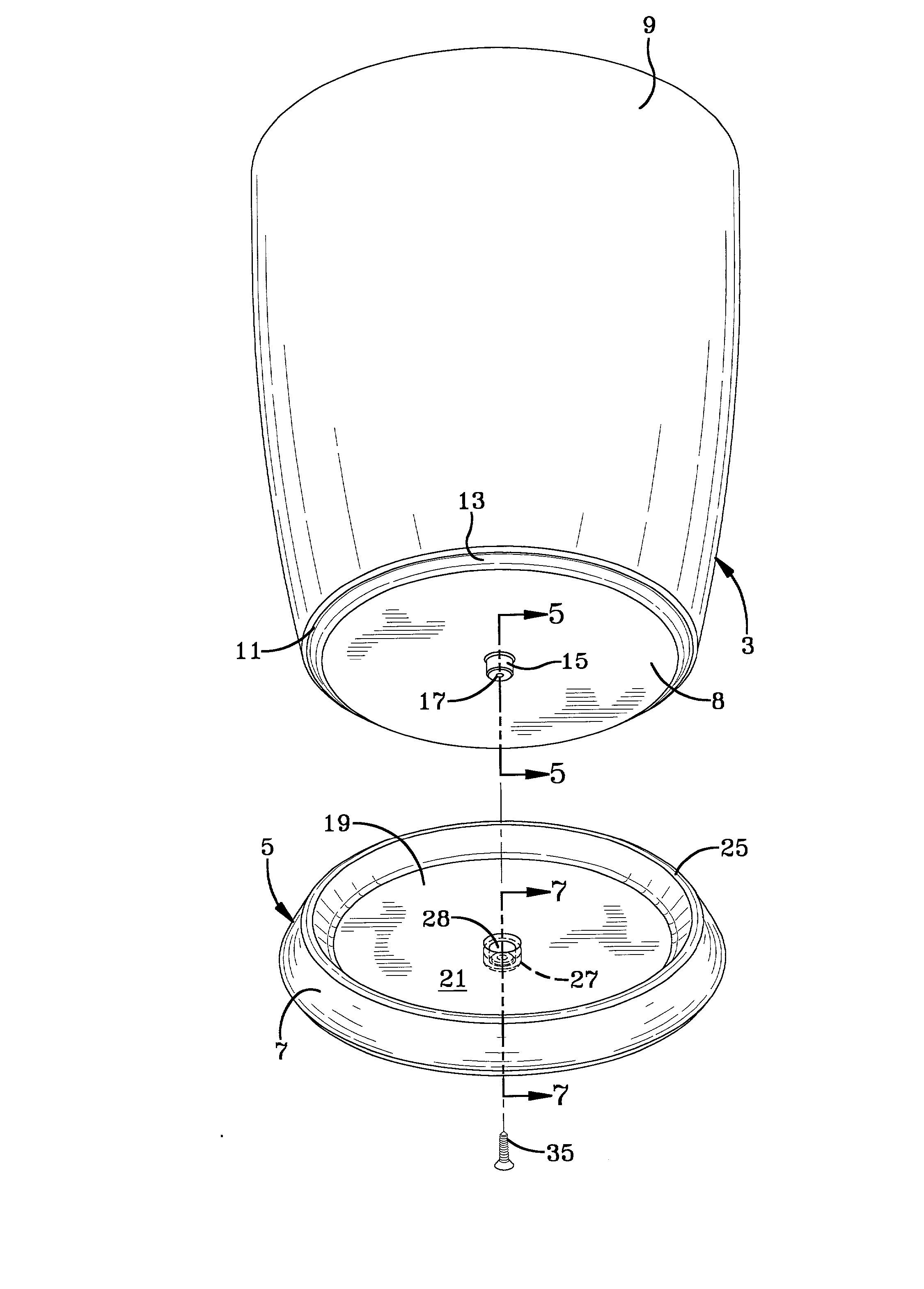 Attaching system for a container and a base