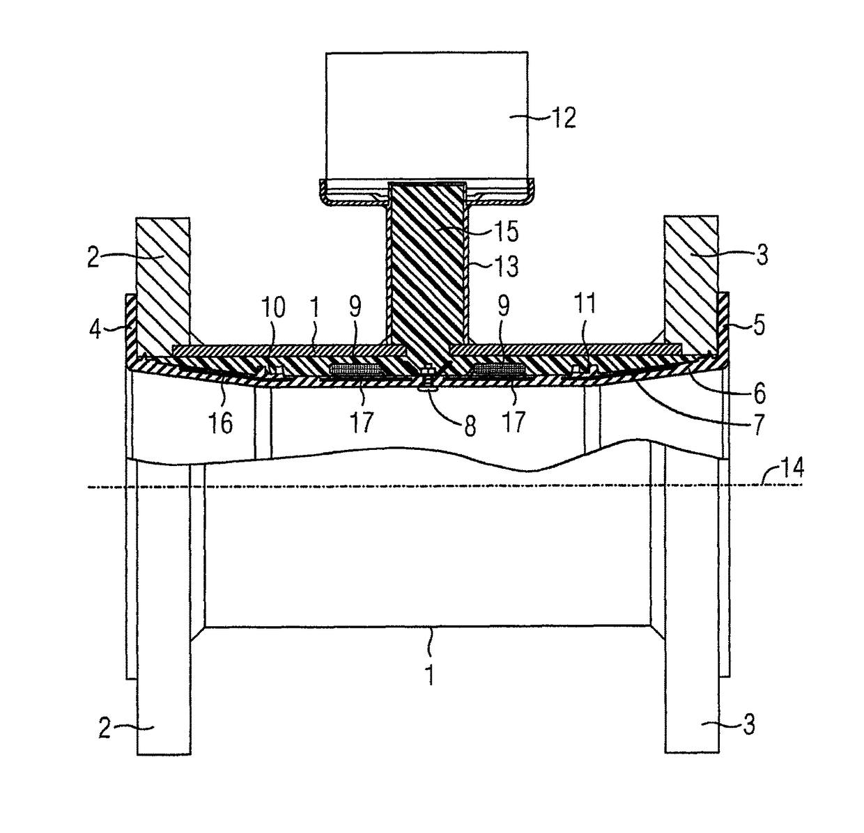 Magnetically inductive flow meter having a first electrode arrangement for galvanically inducing voltage and a second electrode arrangement for capacitively inducing voltage