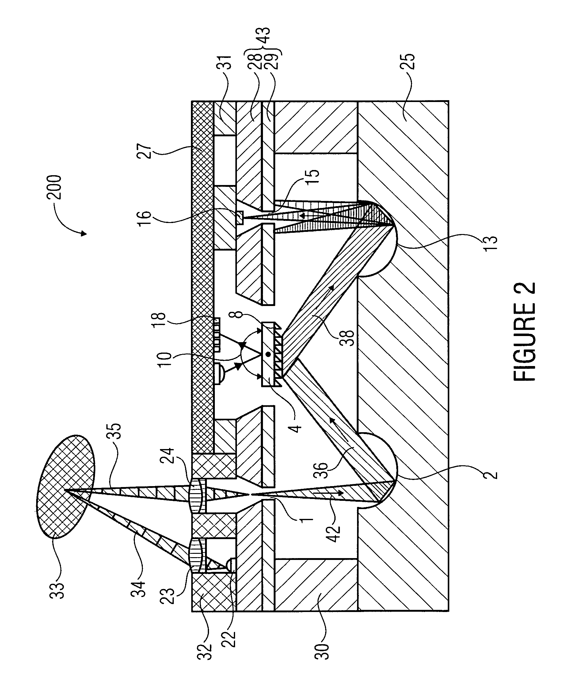 Optical apparatus of a stacked design, and method of producing same