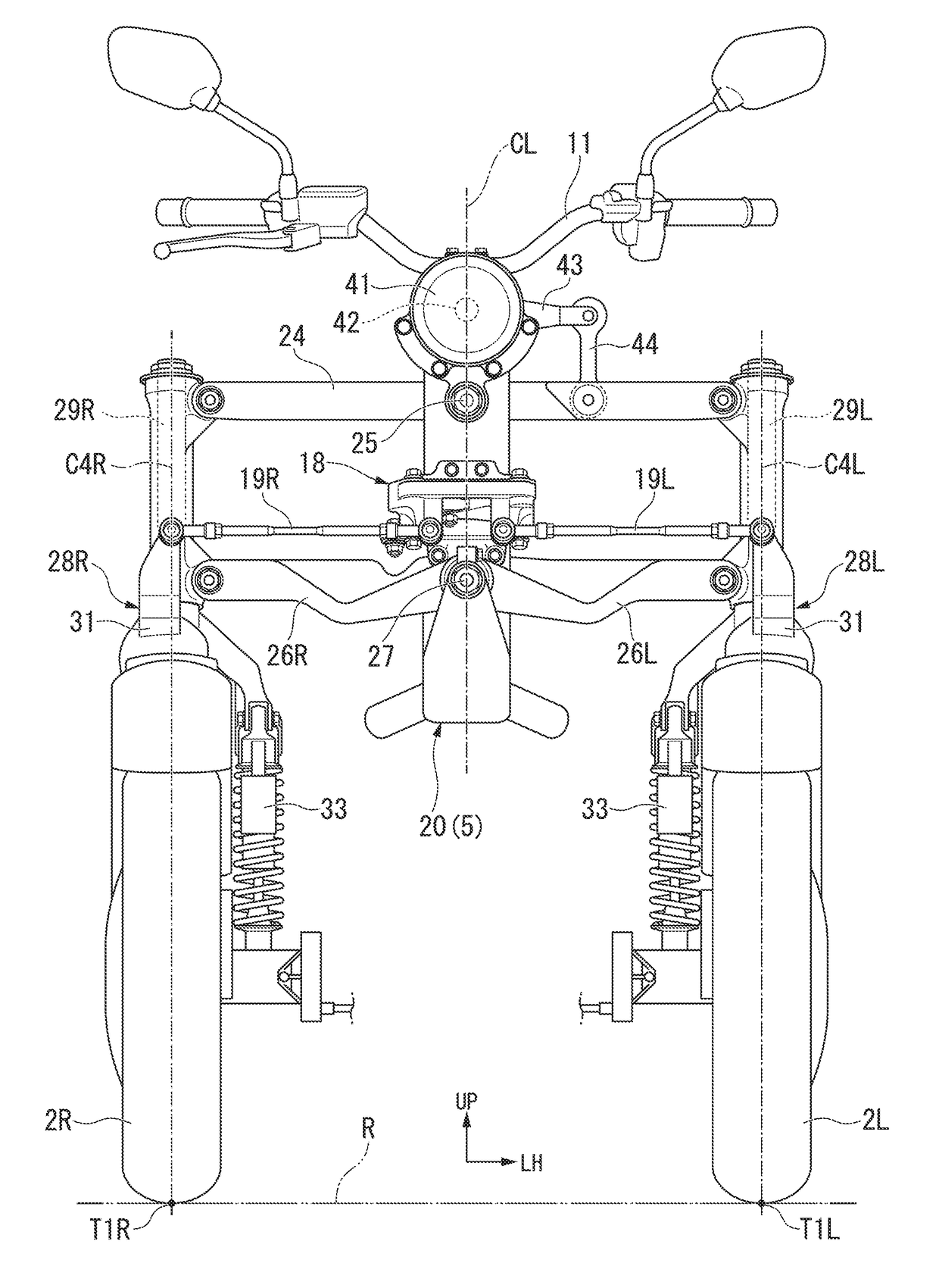 Rocking control device for two front wheels rocking vehicle