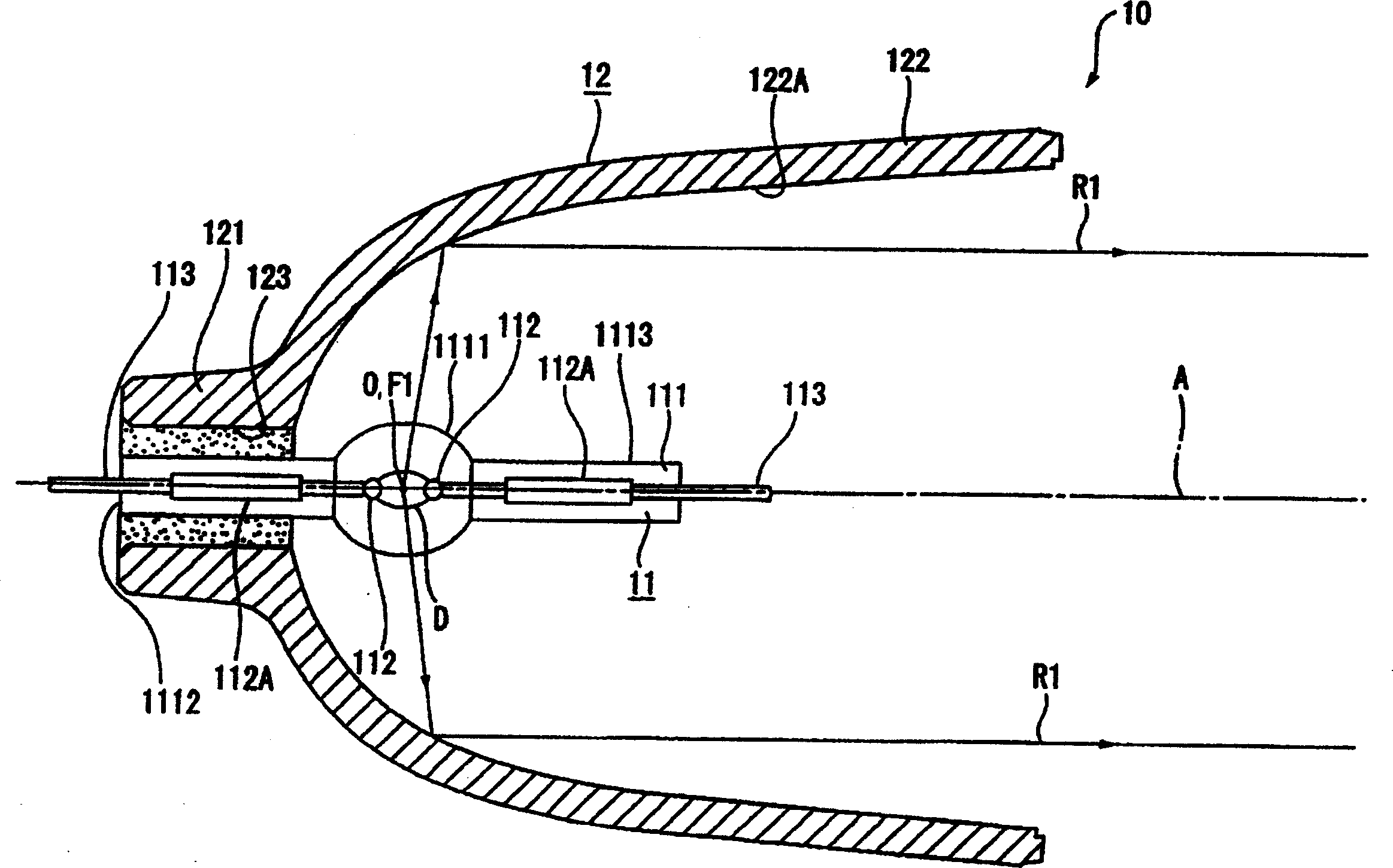 Light source device with discharge tube disposed in the neck of a reflector and projector therewith