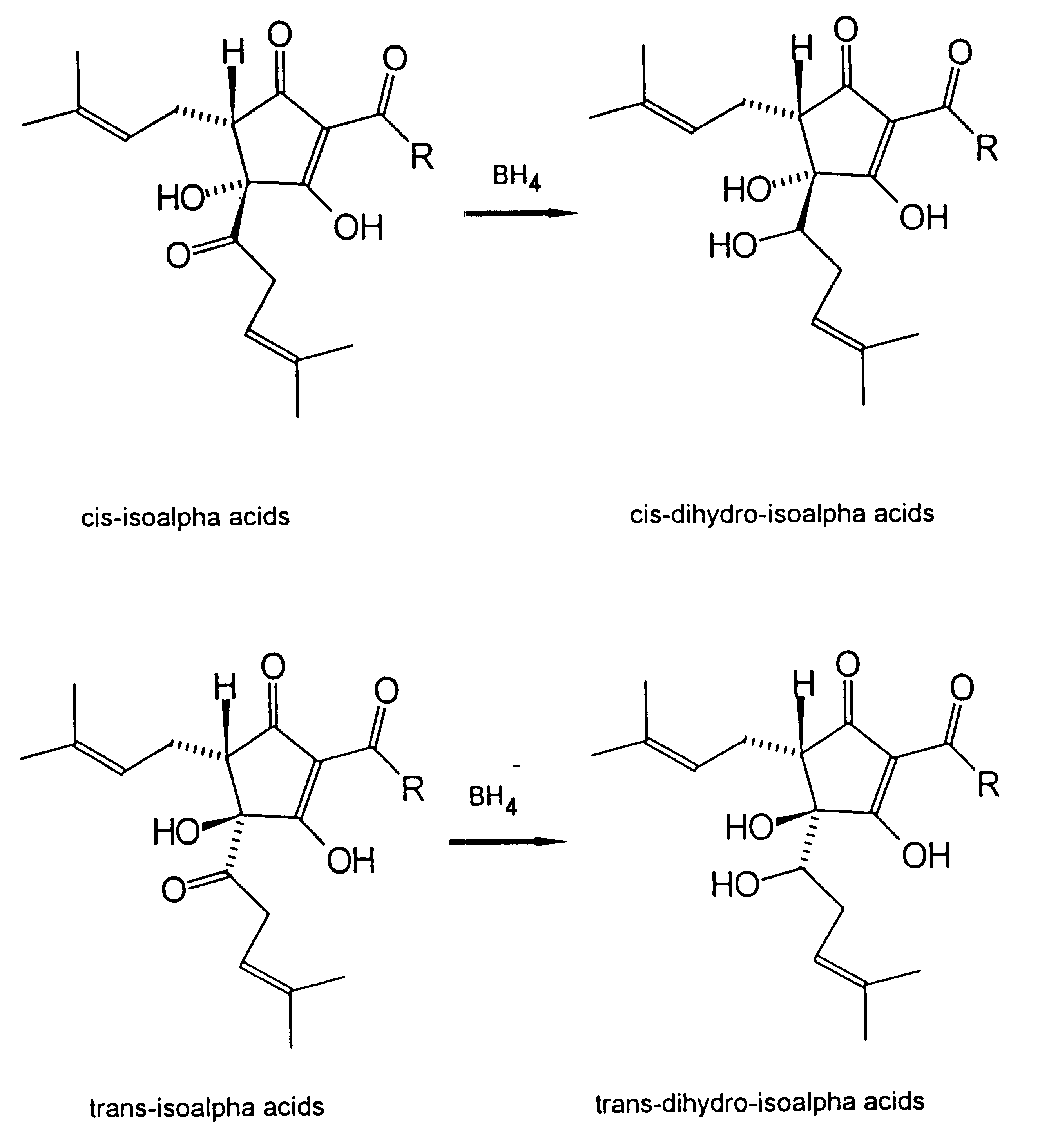 Dihydro and hexahydro isoalpha acids having a high ratio of trans to cis isomers, production thereof, and products containing the same
