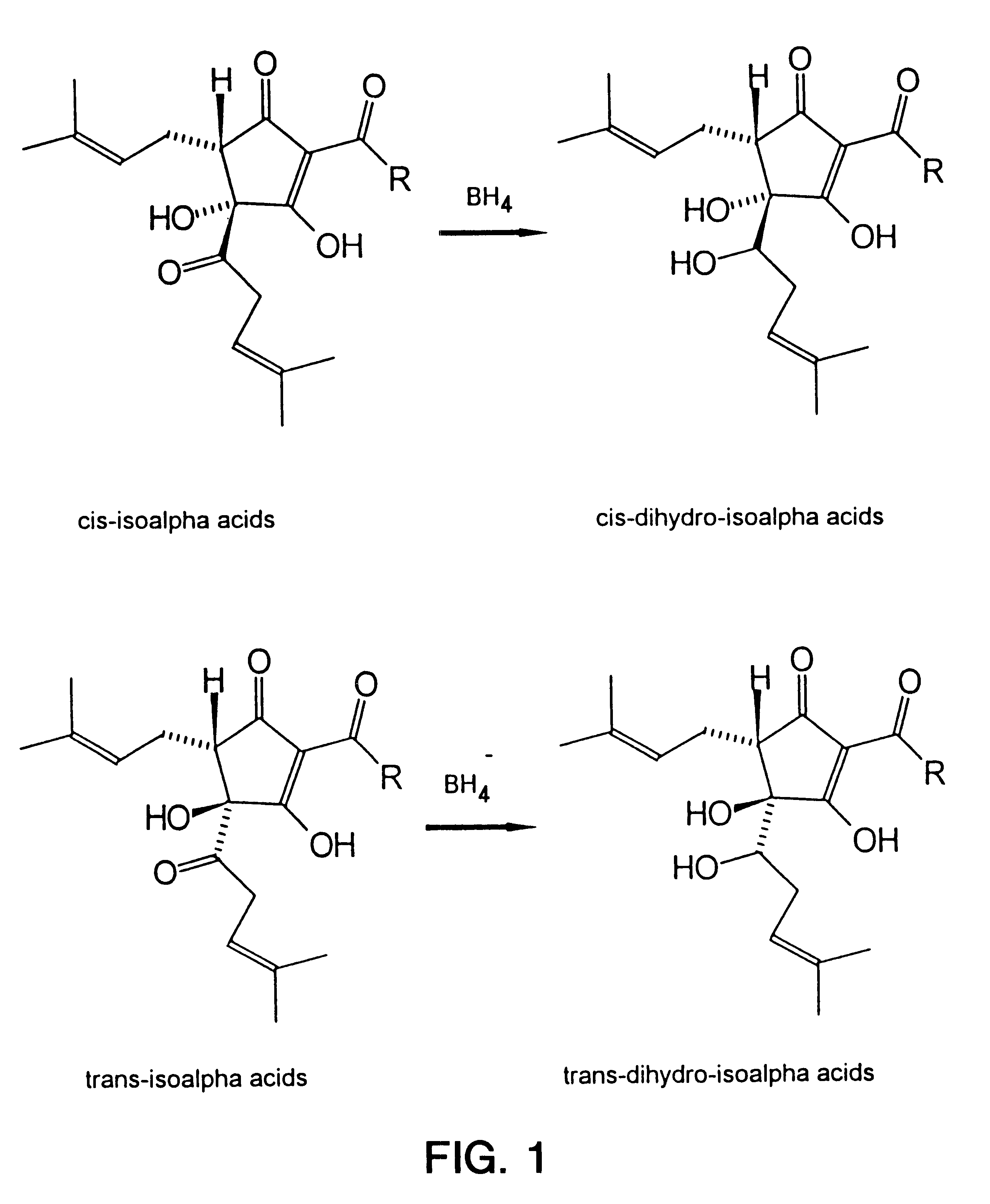 Dihydro and hexahydro isoalpha acids having a high ratio of trans to cis isomers, production thereof, and products containing the same