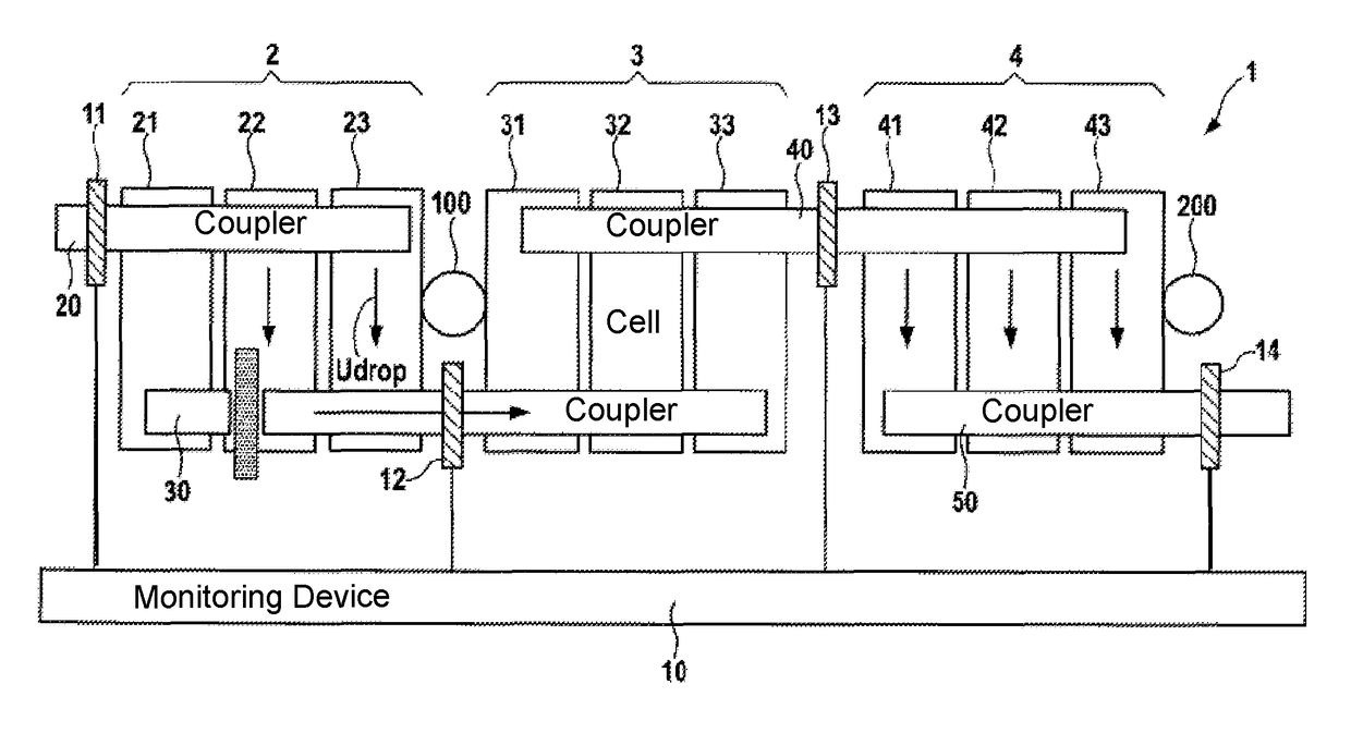 Monitoring device for a battery, a lithium-ion battery, and method for the monitoring of a battery