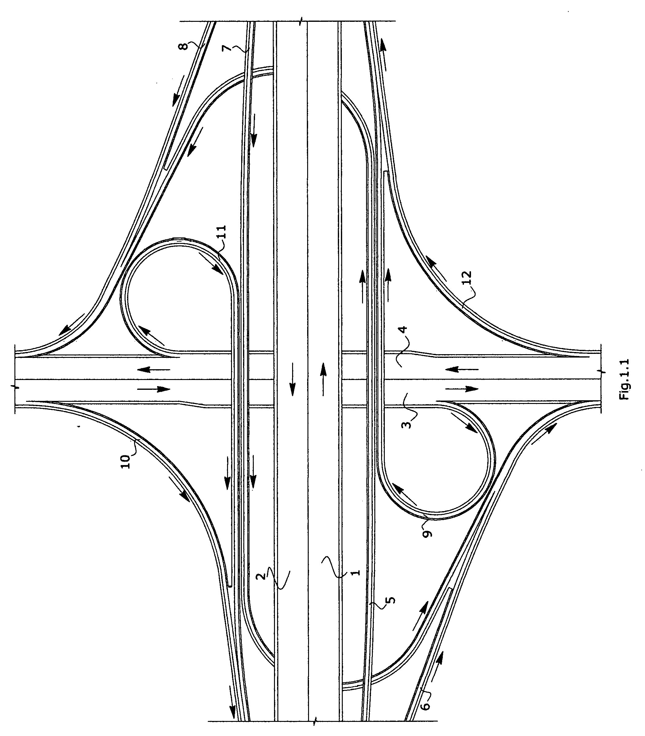 Weaving free two level cloverleaf type interchange for a highway crossing over a street