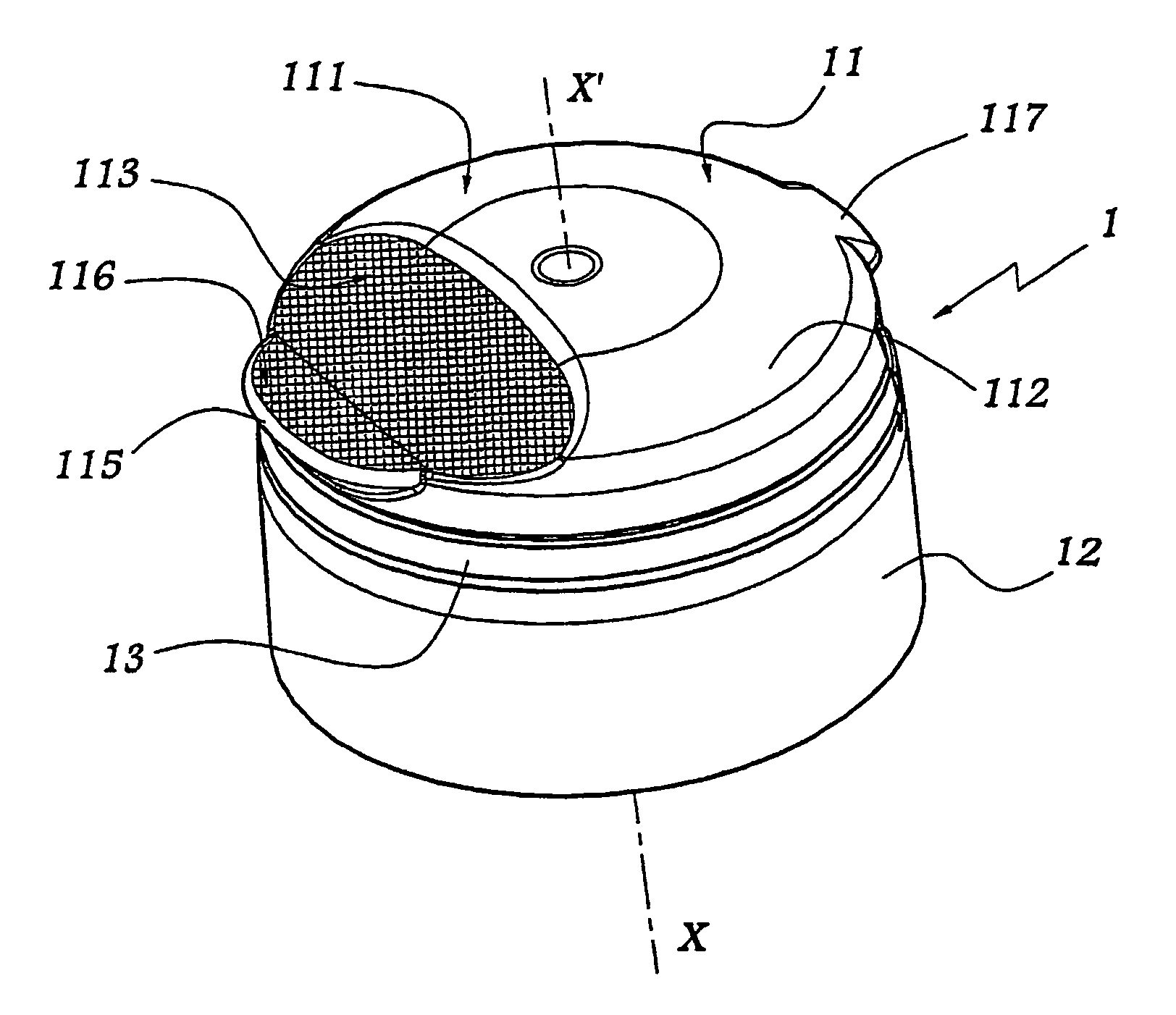 Hinged closure device and a container