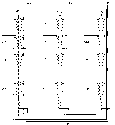 Three-phase multi-split transformer-based CHB (Cascaded H-Bridged) cascade photovoltaic inverter circuit