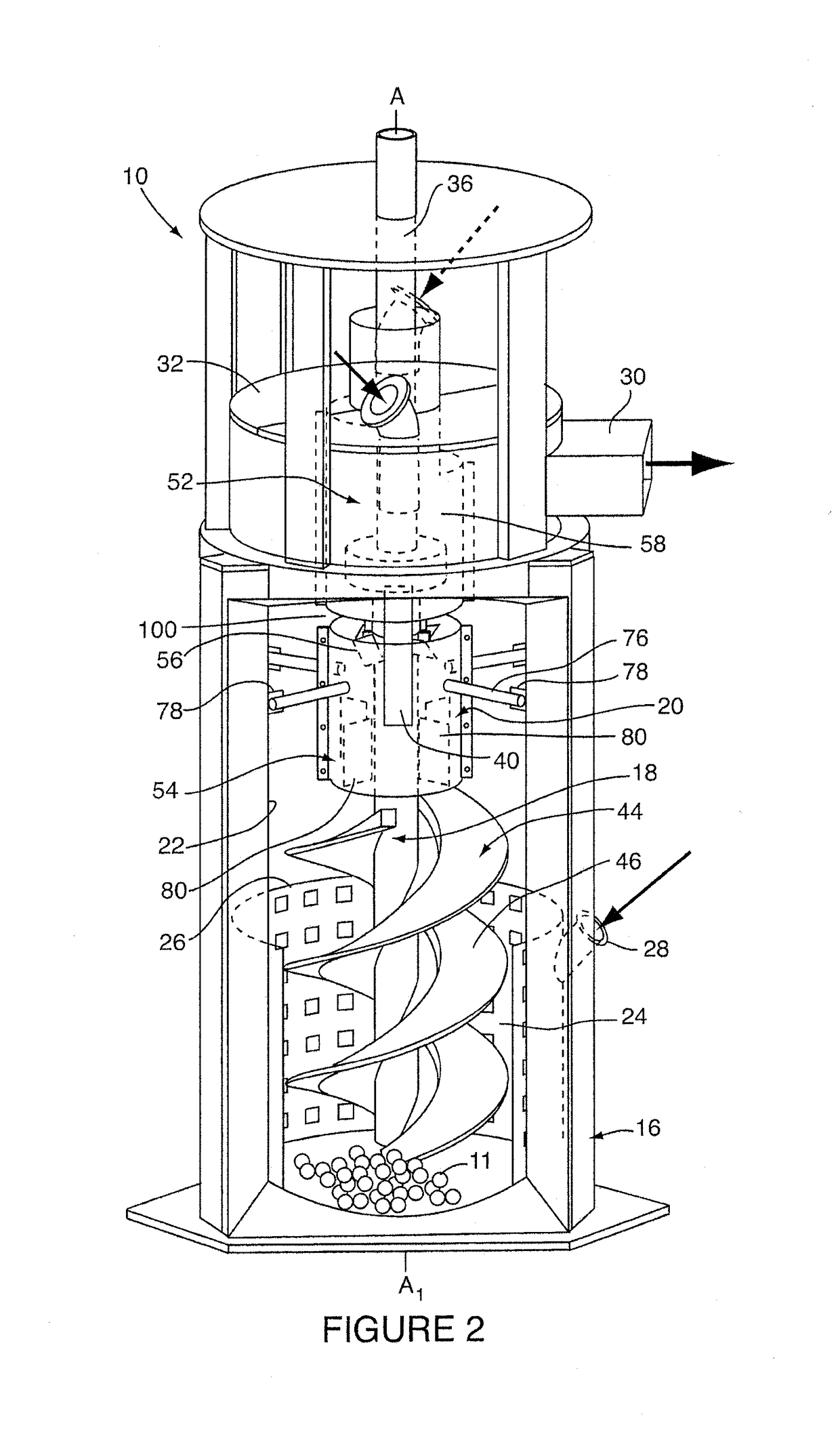 Vertical ball mill with internal materials flow conduit