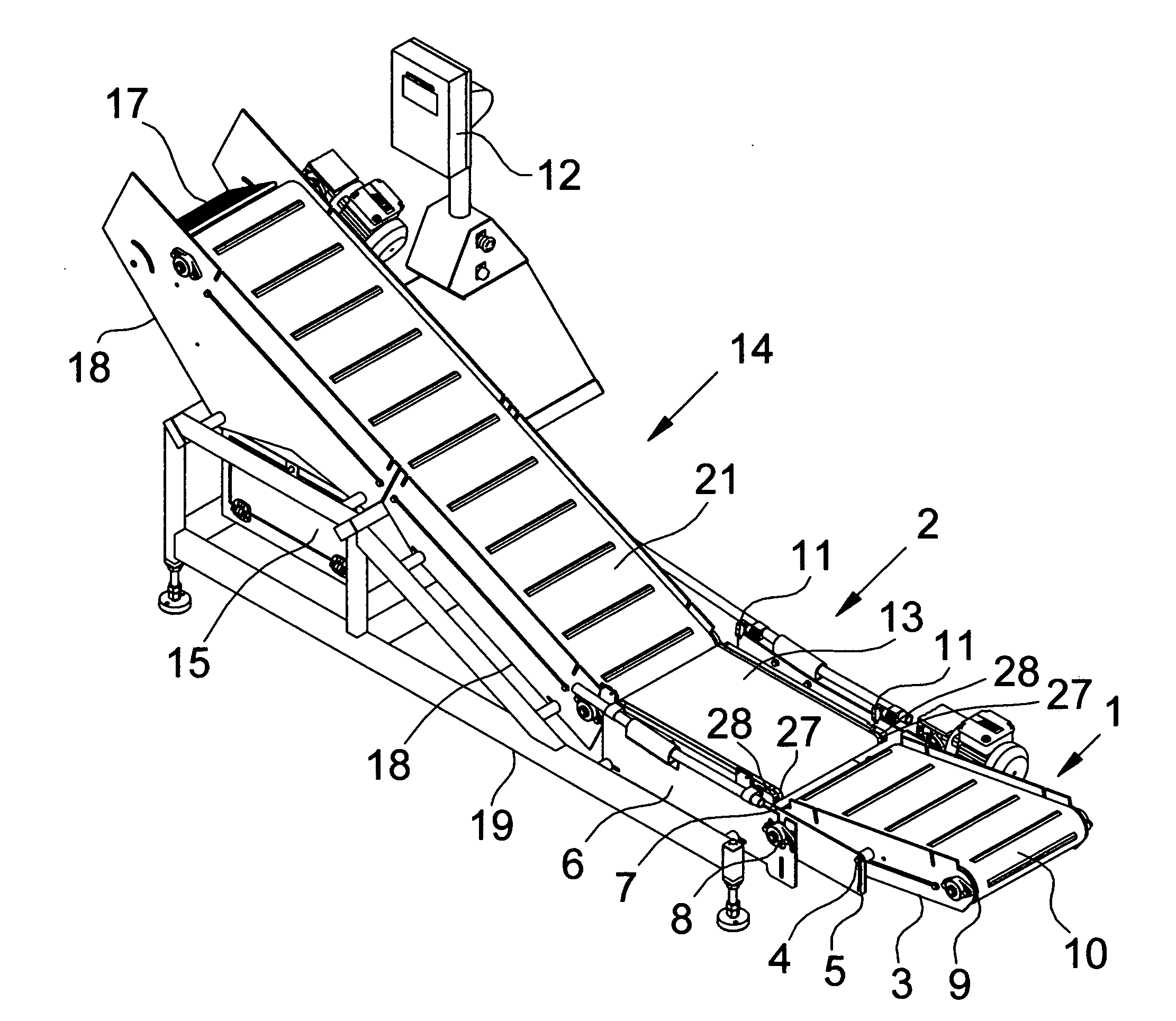 Weight checking conveyor with adjustable infeed section