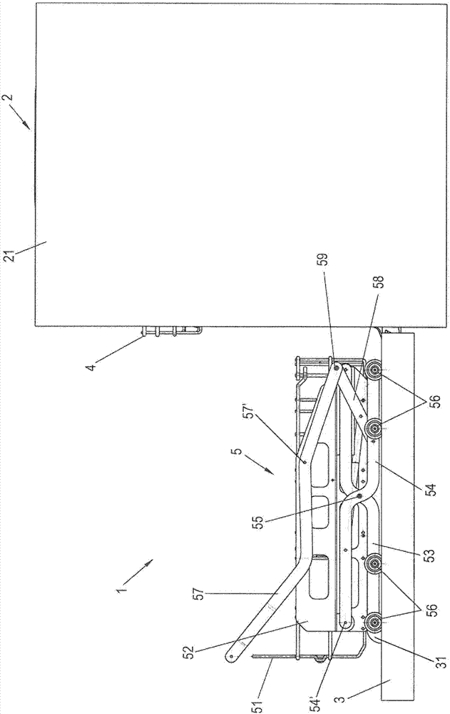 Sliding and lifting mechanism of a shelf of an item of furniture or household device, item of furniture and household device