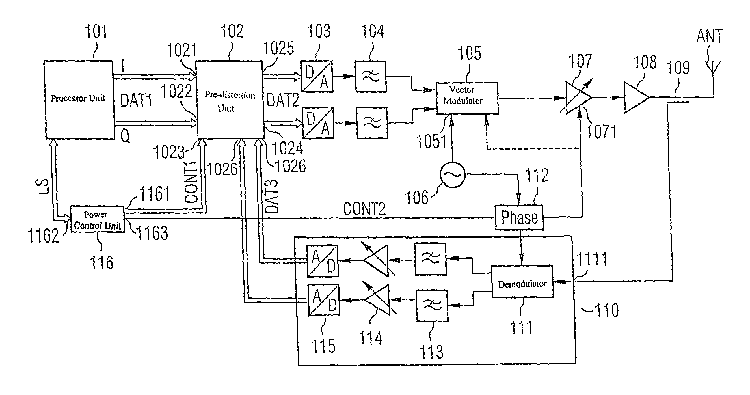 Transmission device with adaptive digital predistortion, transceiver with transmission device, and method for operating a transmission device