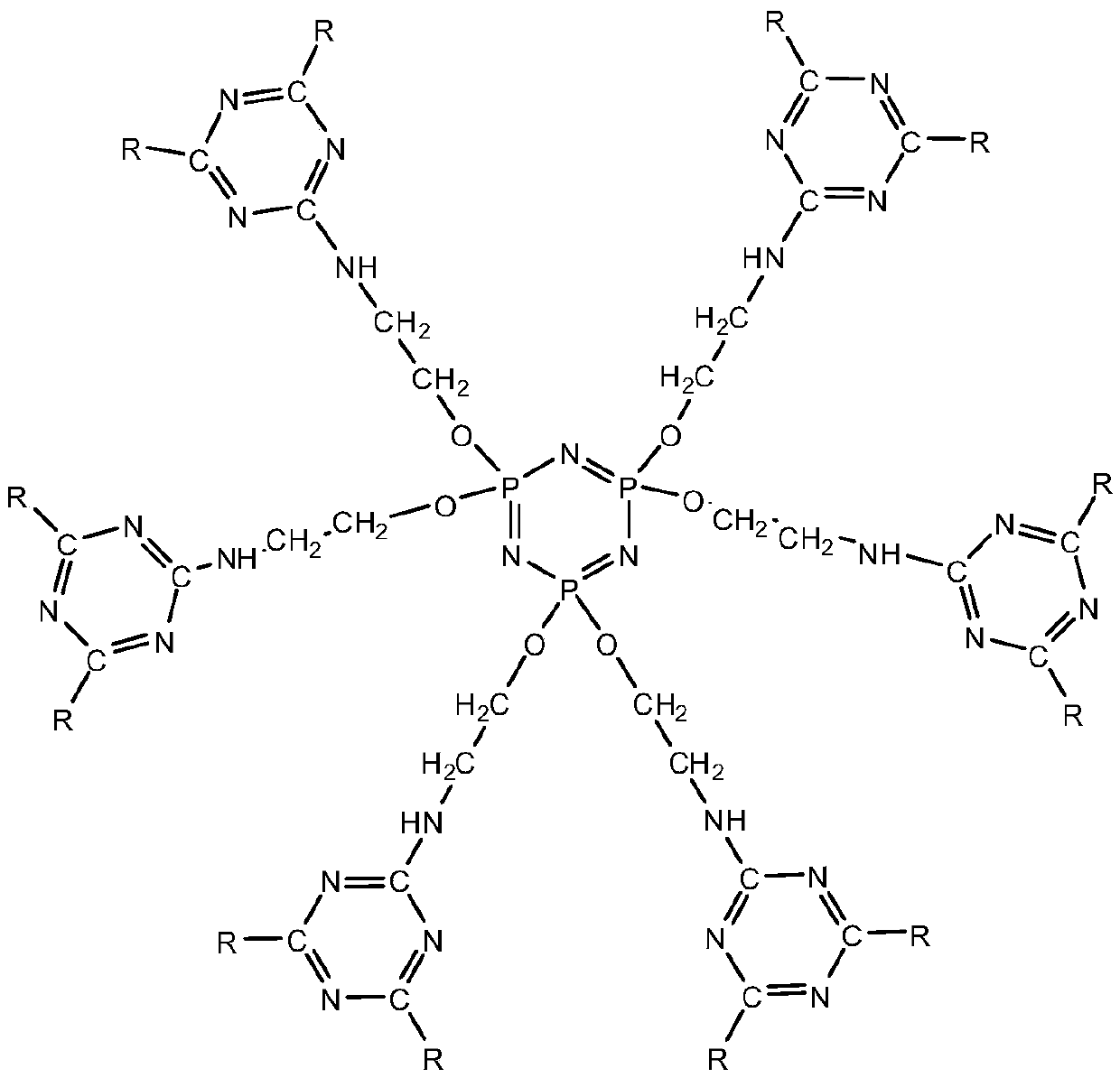 Double base compound based on phosphonitrile and triazine group and preparation method of double base compound