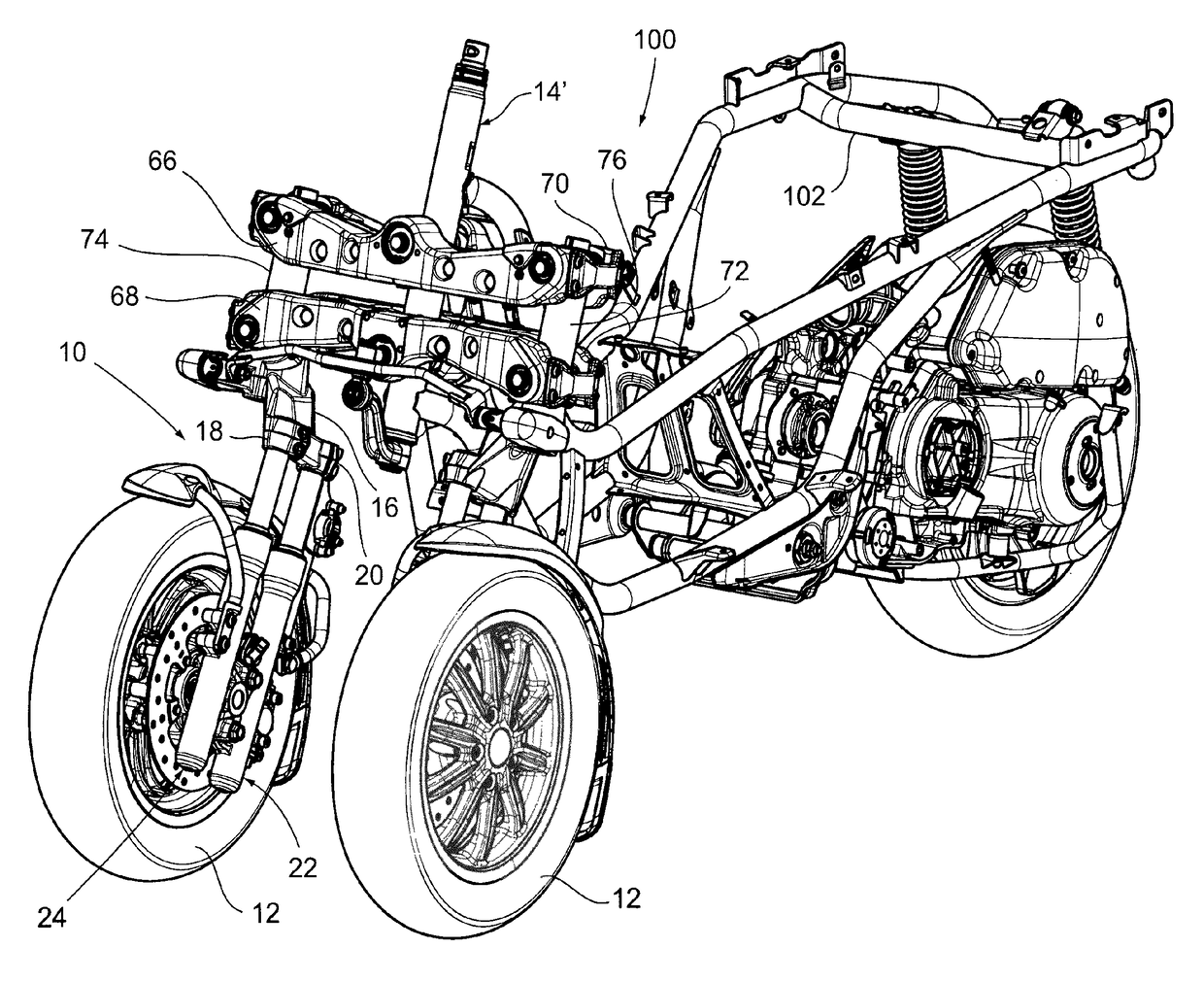 Tiltable motorcycles with two front steering wheels