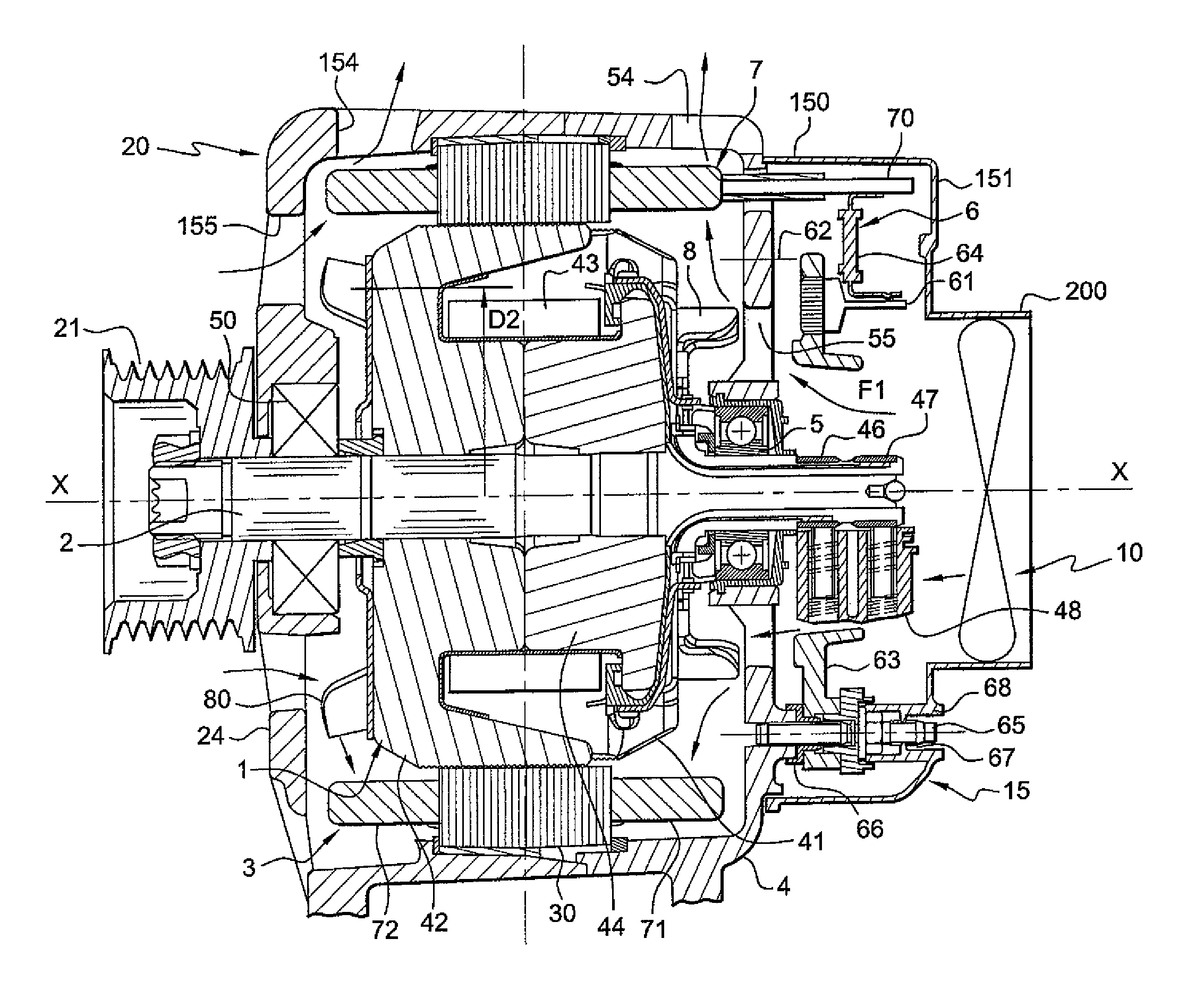 Forced-fluid flow ventilating system for rotating electrical machines and rotating electrical machine comprising same