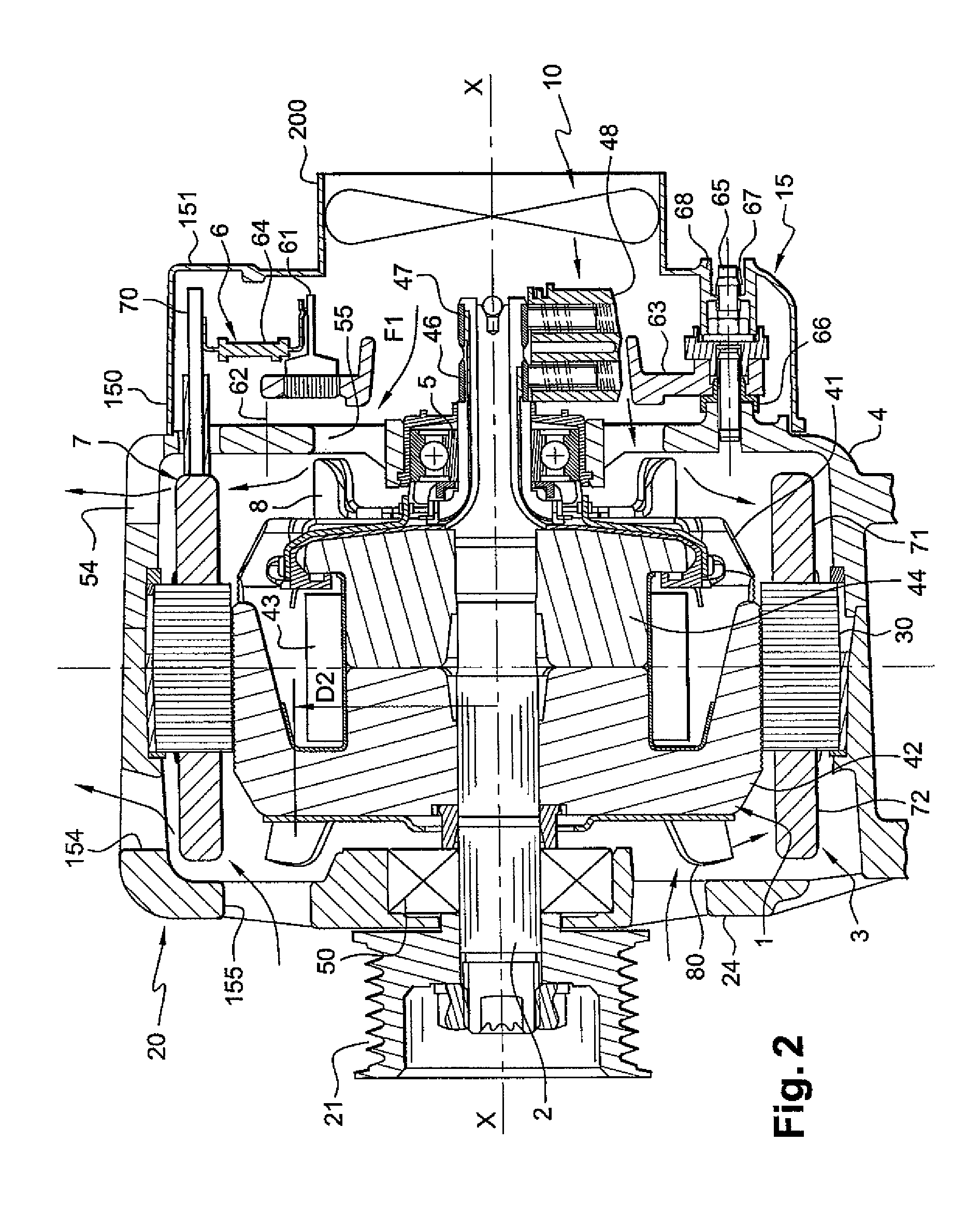 Forced-fluid flow ventilating system for rotating electrical machines and rotating electrical machine comprising same