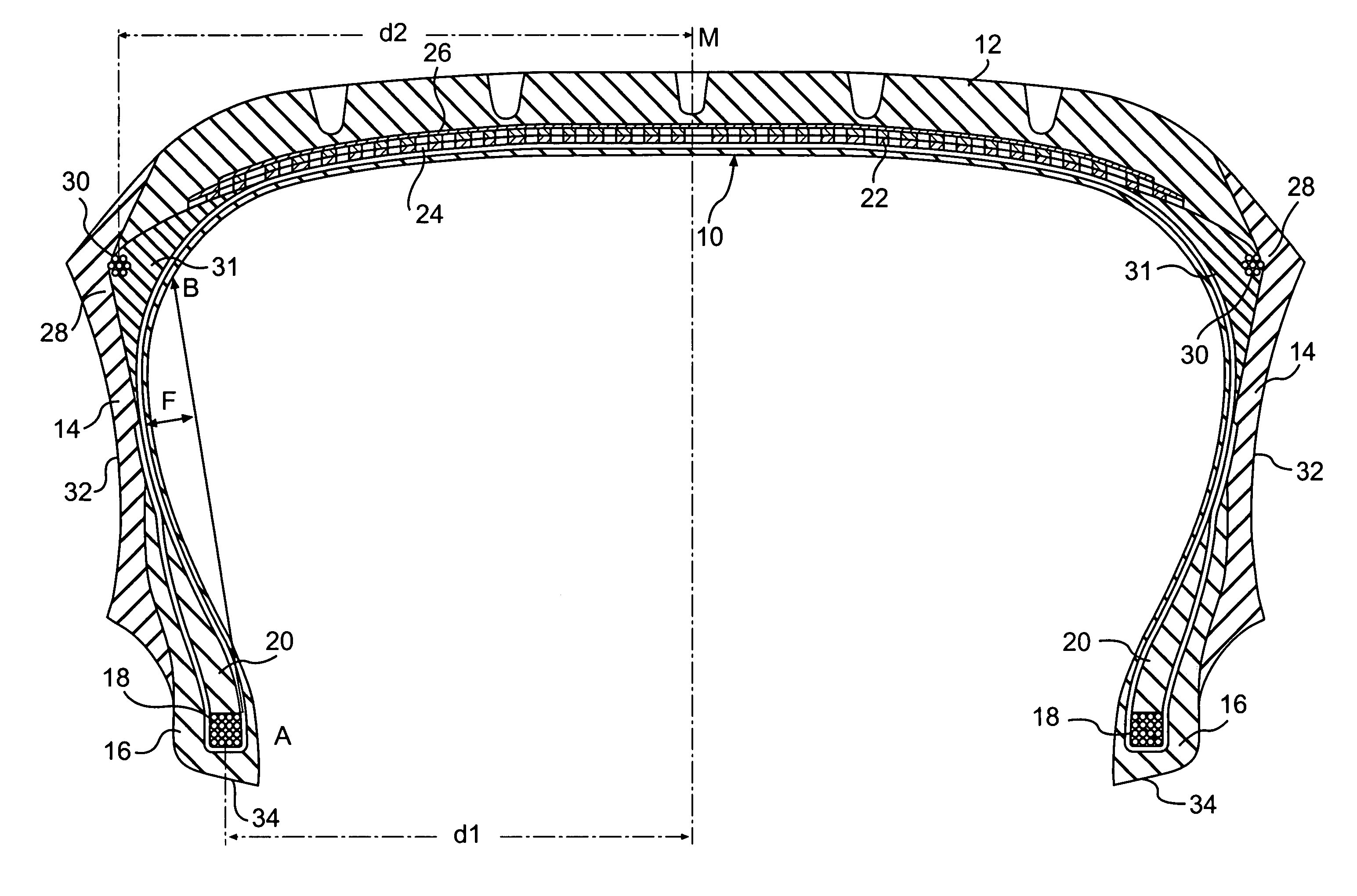 Tire for a vehicle wheel capable of withstanding the load at low pressure or zero pressure