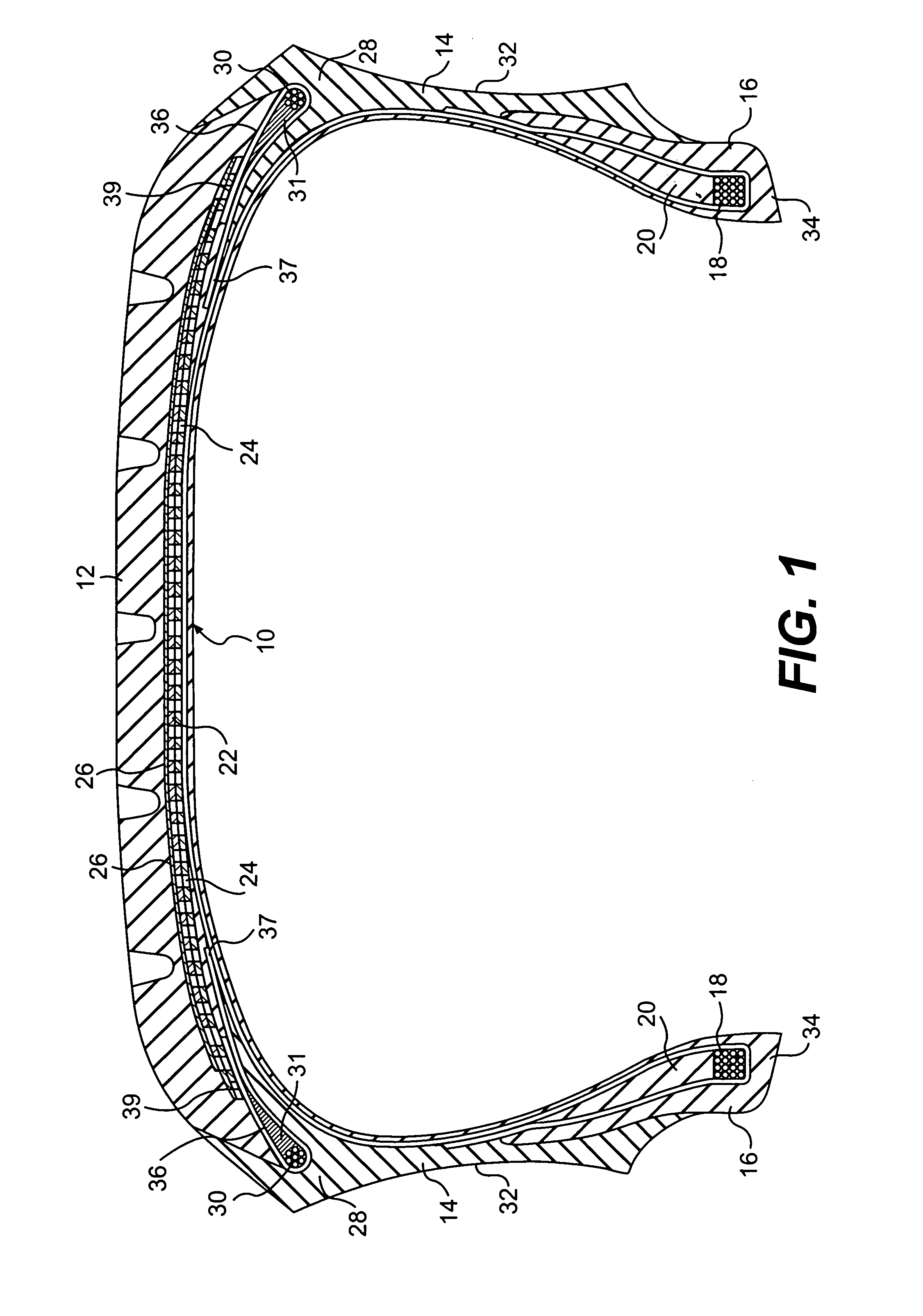 Tire for a vehicle wheel capable of withstanding the load at low pressure or zero pressure