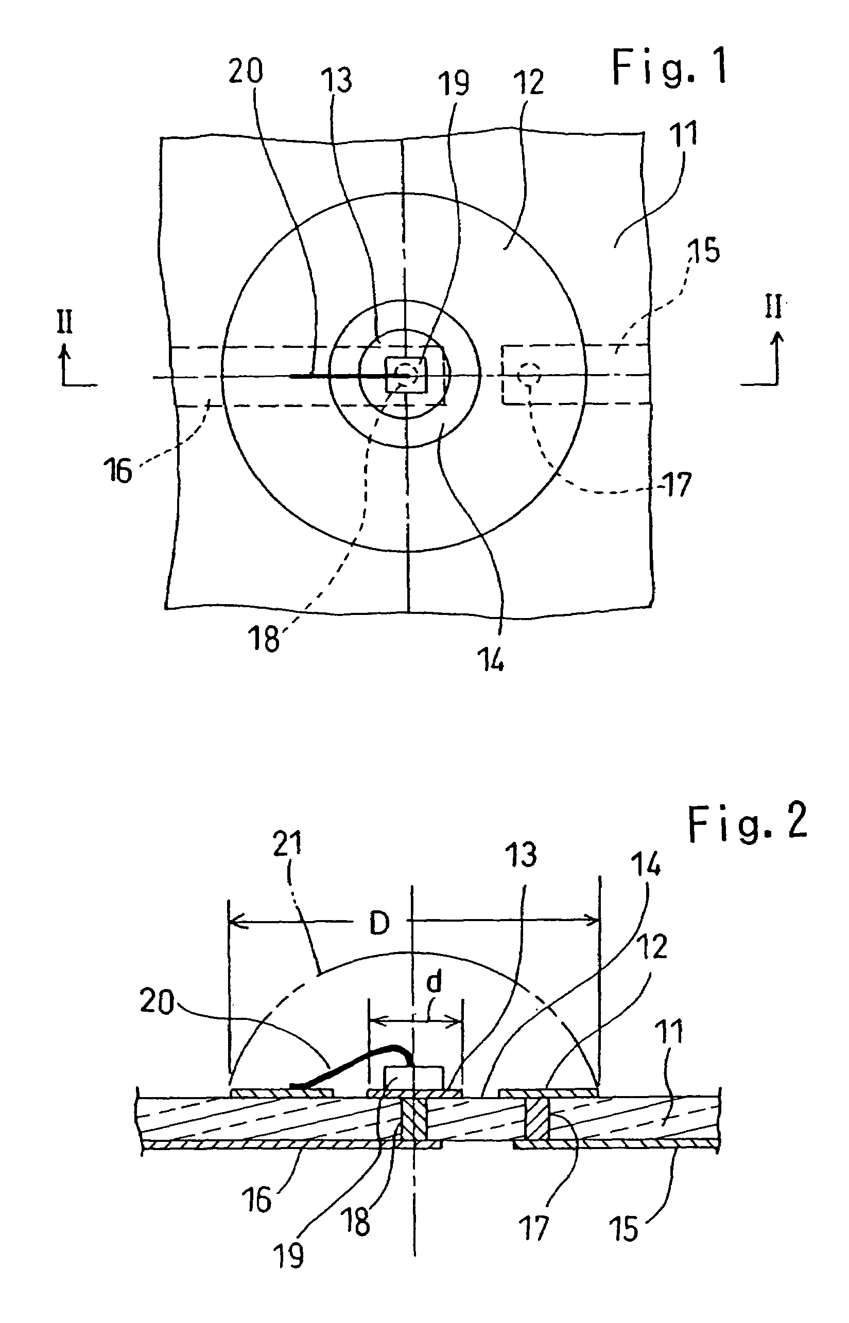 Plural leds mounted within a central cutout of a surrounding circular reflective electrode