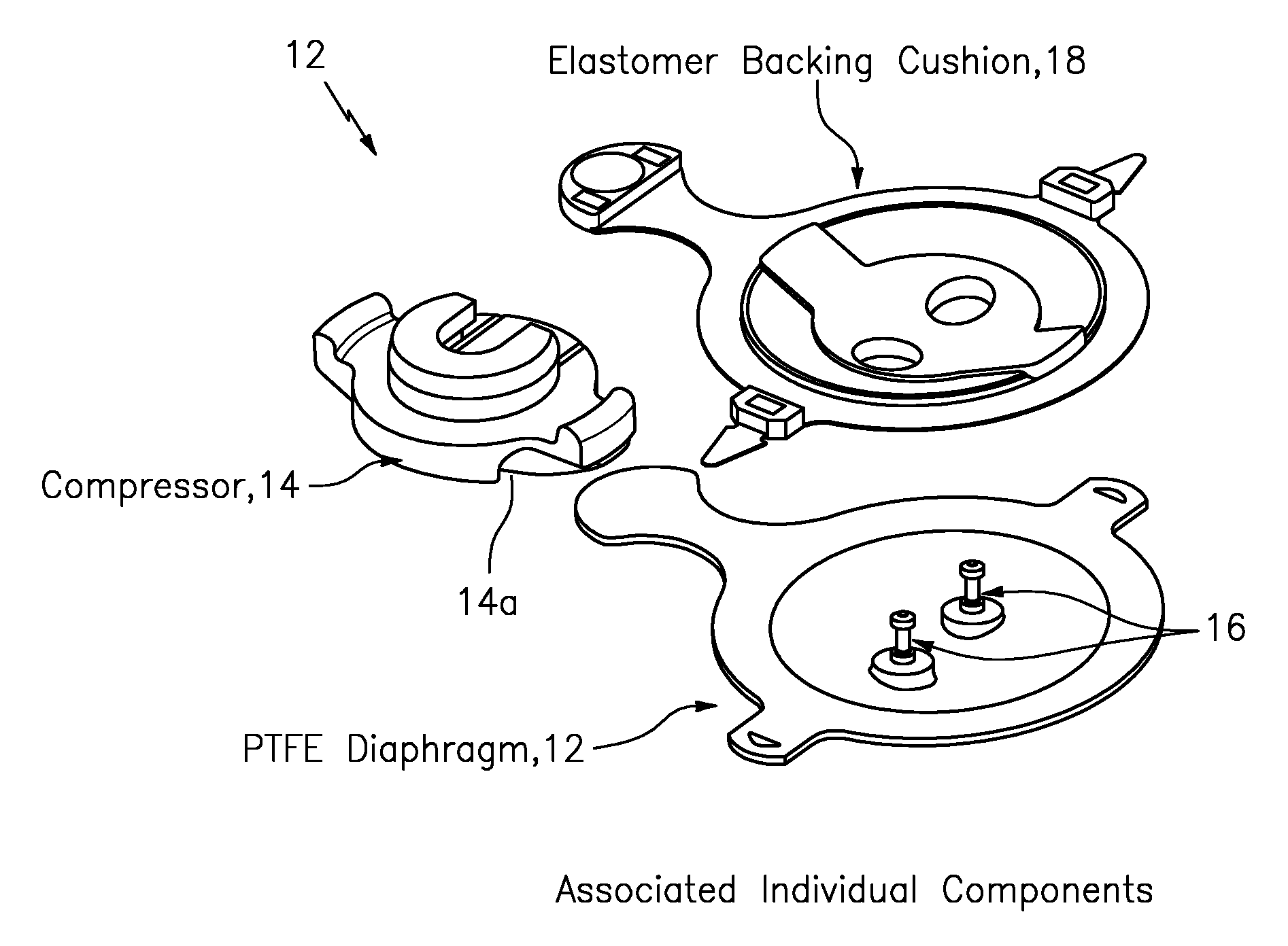 Valve having at least one hourglass studs for coupling to diaphragm and compressor/spindle components