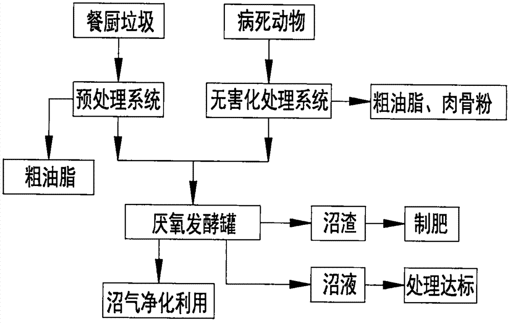 Kitchen waste and die-of-disease animal combined treatment technique system