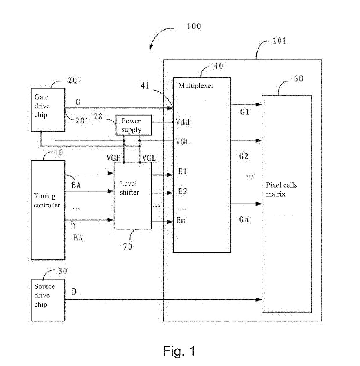 Electronic device having smaller number of drive chips