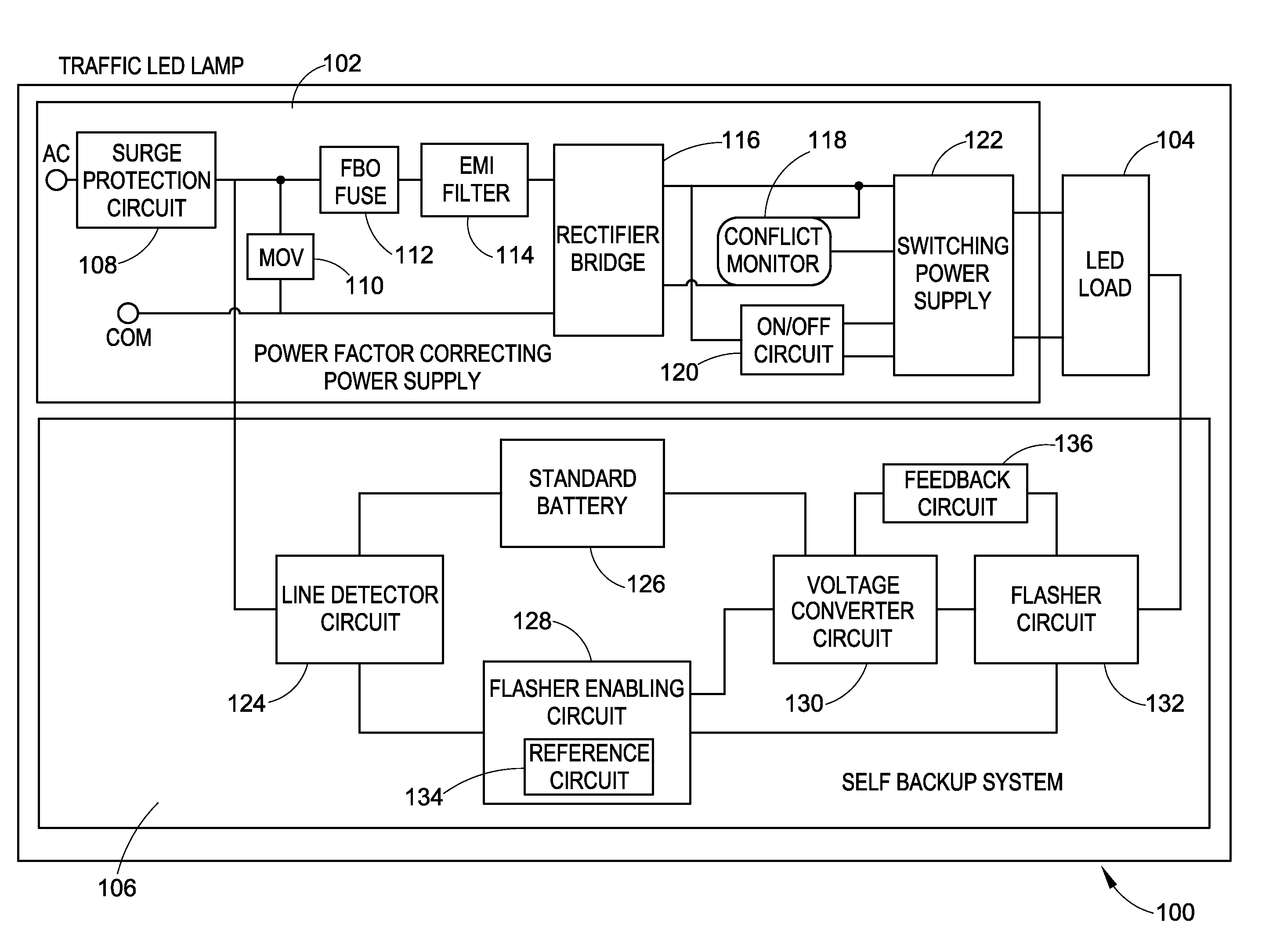 Traffic LED lamp with internal circuit backup system