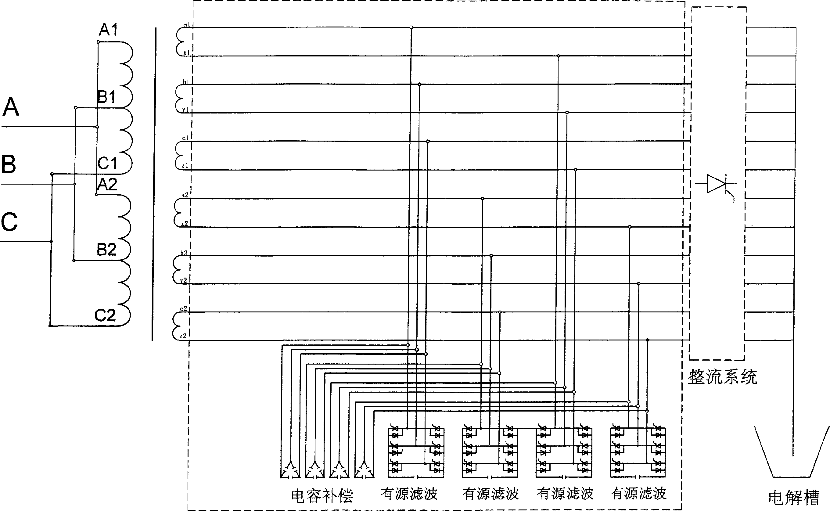 Method for low-voltage connecting reactive-load compensation device and active filtering device by electrolysis system transformer