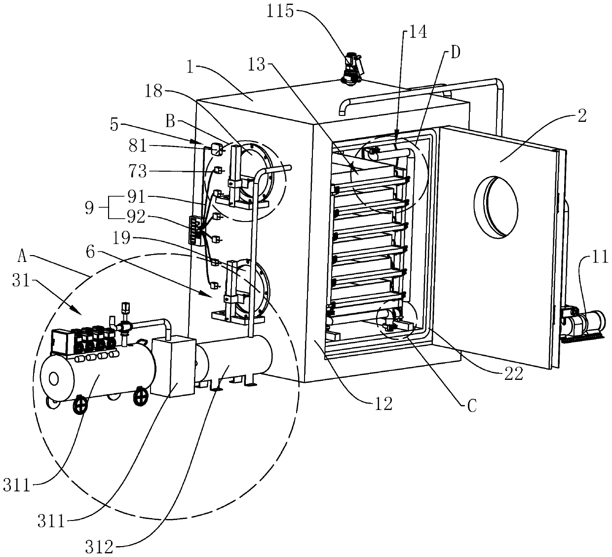 Air supplementing and drying type temperature, humidity and pressure integrated vacuum dryer and material drying detection method