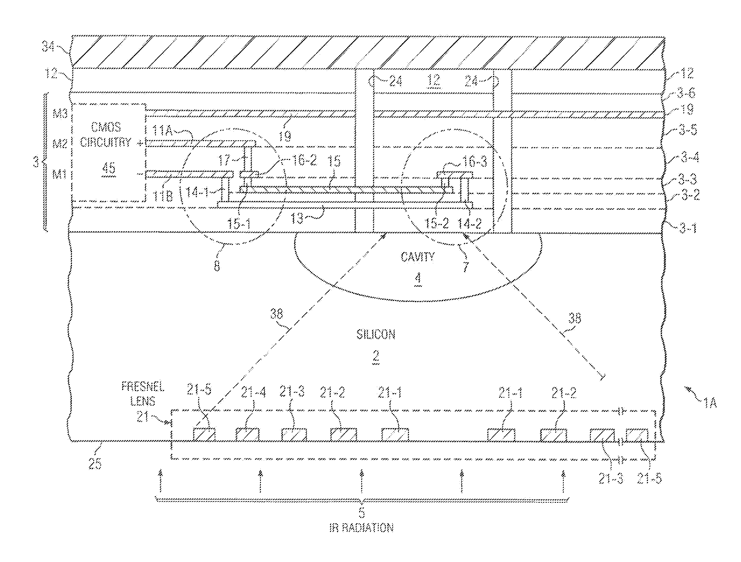 Integrated infrared sensors with optical elements, and methods