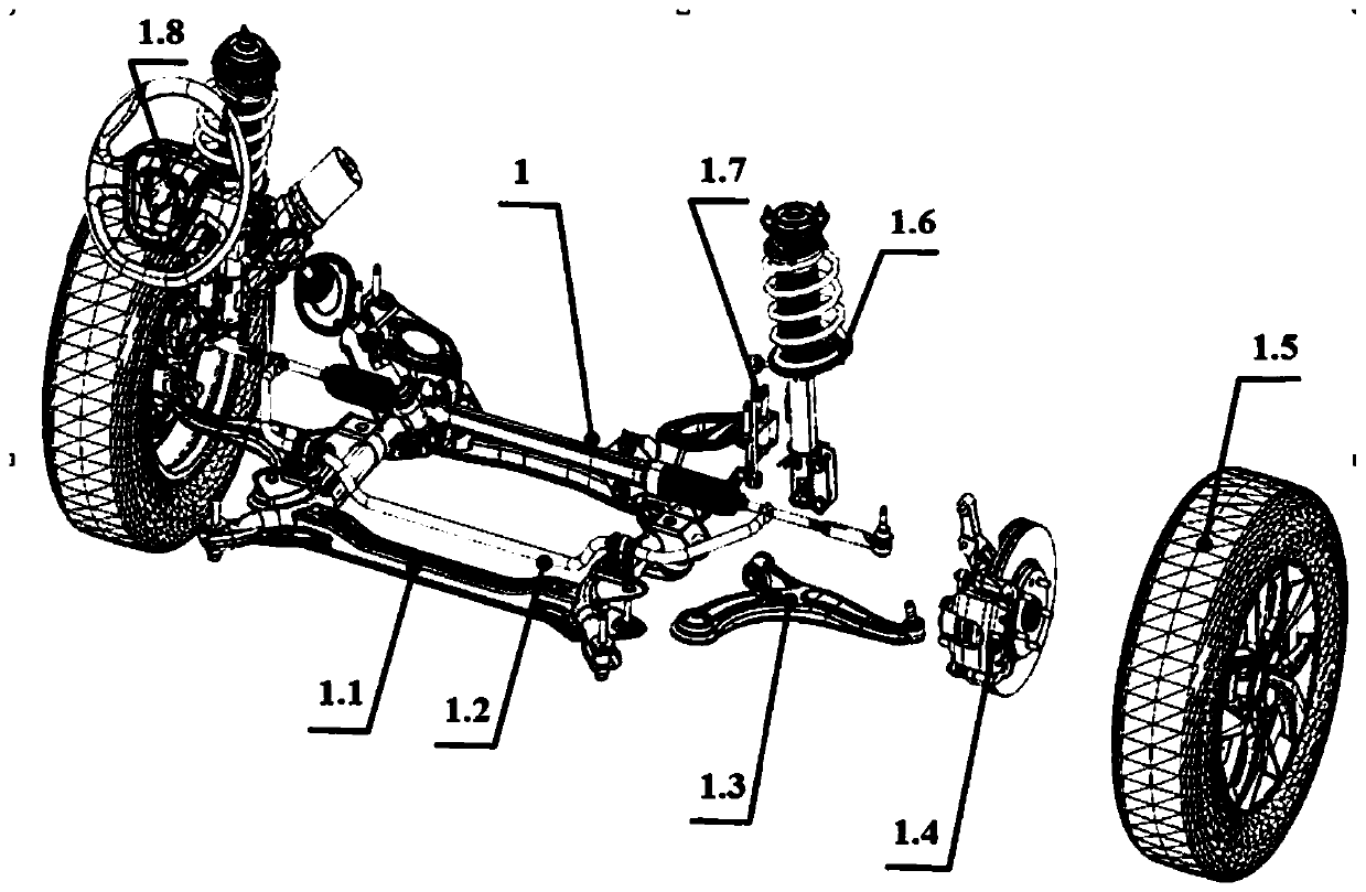 A comprehensive fatigue durability test device and method for a non-driven front suspension assembly