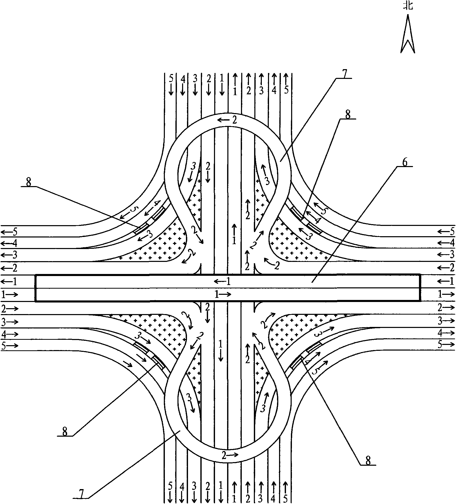 Cross road smooth-type road structure and traffic route thereof