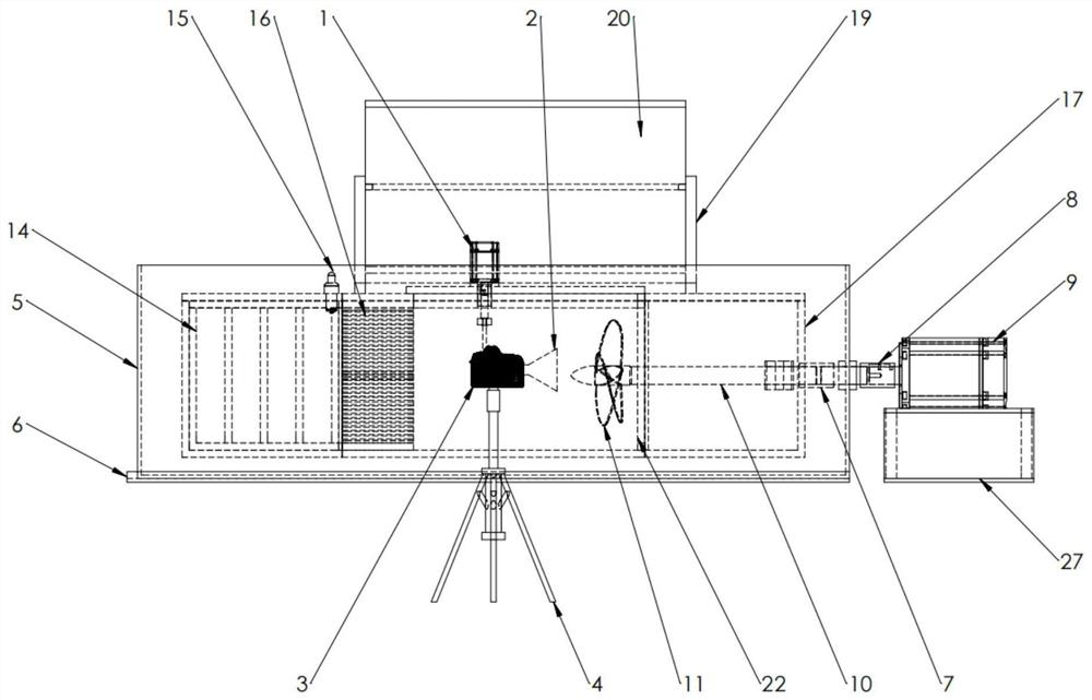 An underwater bionic fin submerged propulsion test device and method