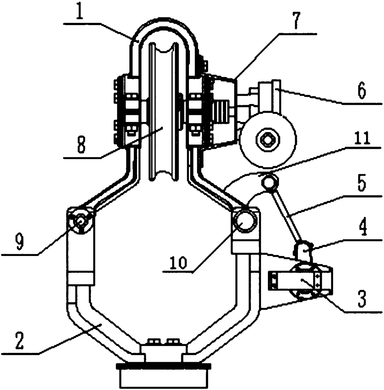 V-shaped upward-opening-type line-hanging traveling mechanism of inspection robot