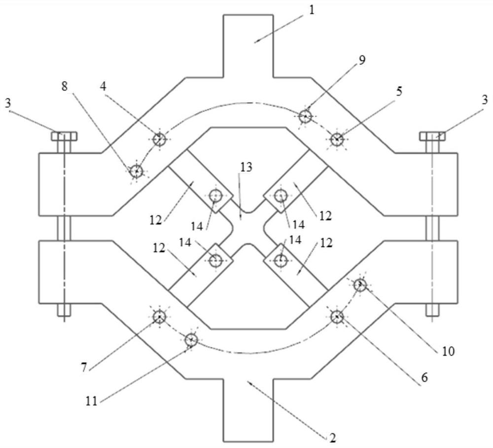 A loading fixture device for cross-shaped specimen biaxial equal load and non-equal load fatigue test