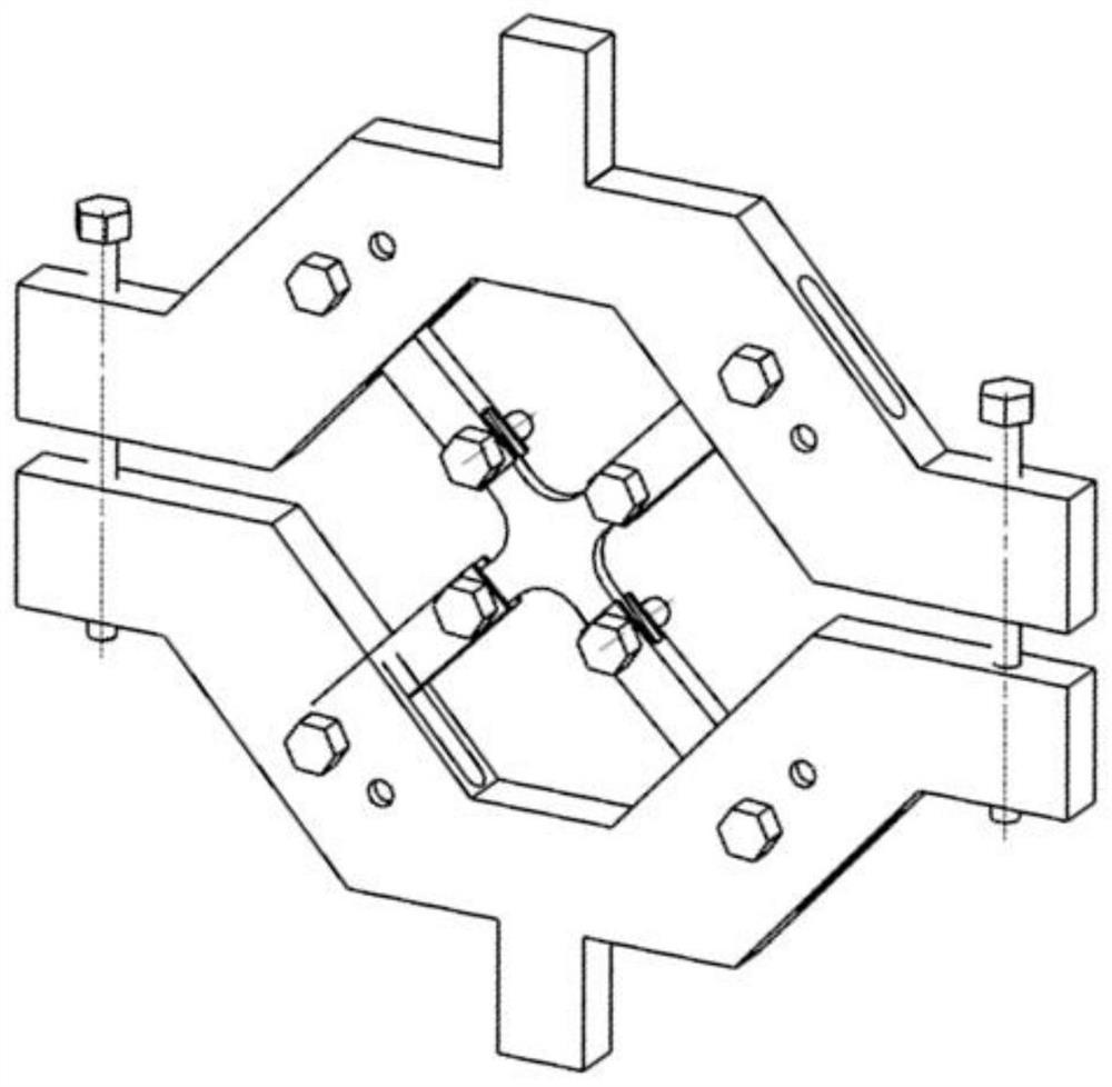 A loading fixture device for cross-shaped specimen biaxial equal load and non-equal load fatigue test